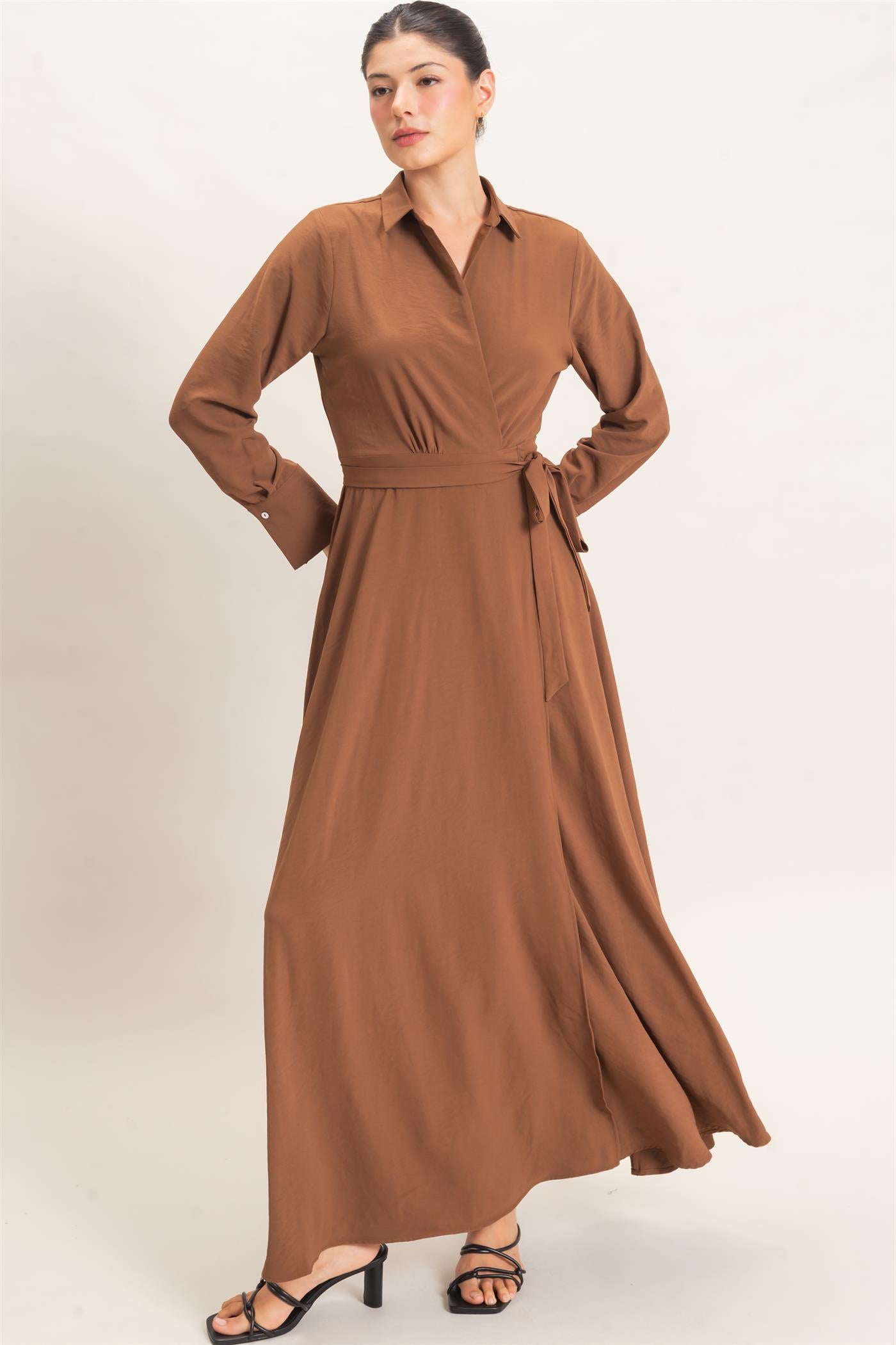 Wholesale Collared Wrap Shirt Dress Dresses HF25E869 BROWN HYFVE
