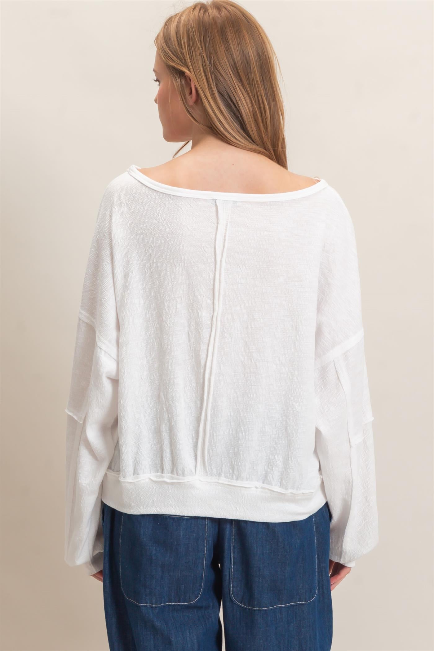 Wholesale Relaxed Boat Neck Long Sleeve Top Clothing Tops HF25F340 WHITE HYFVE