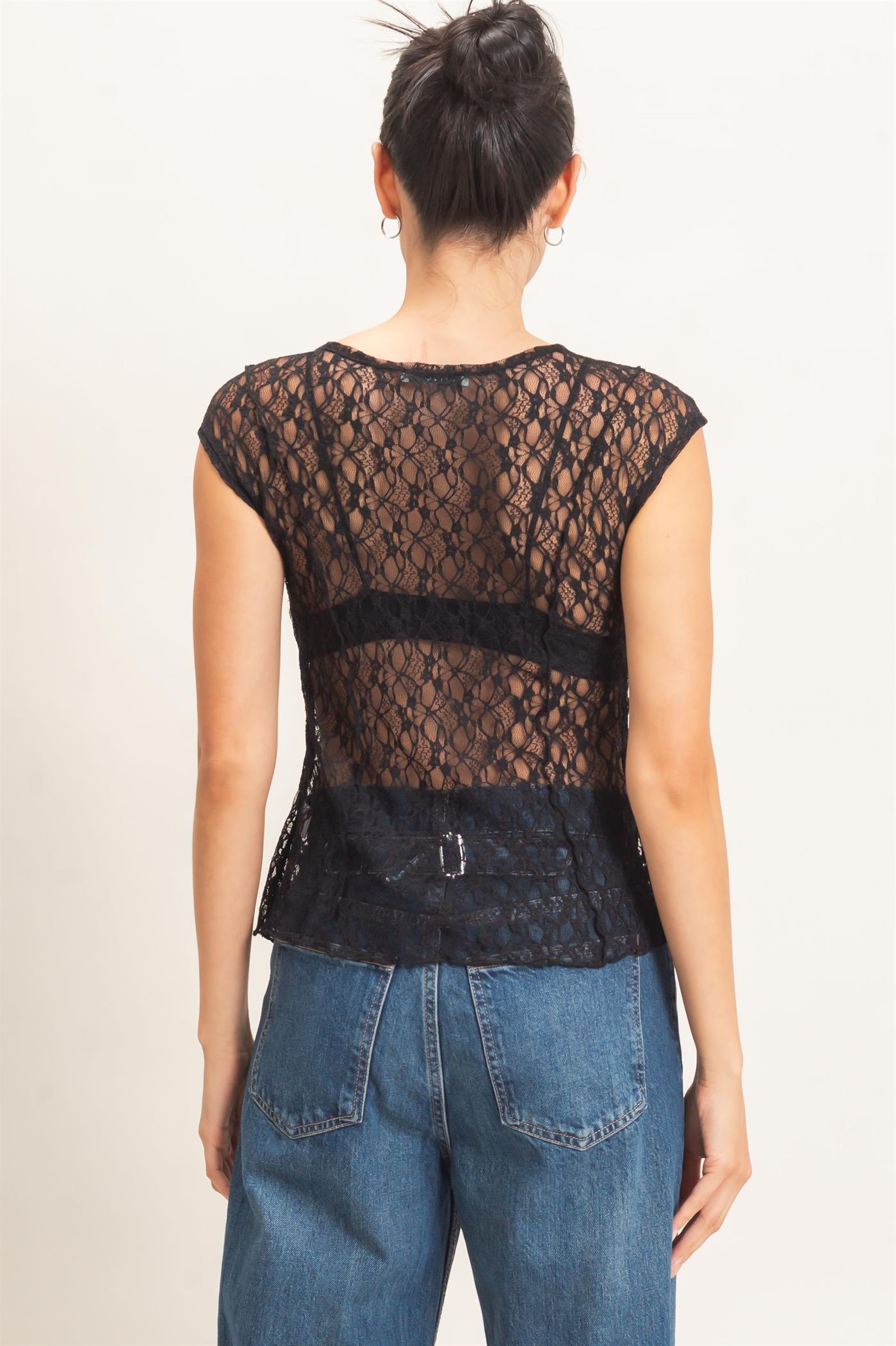 Wholesale Lace Cap Sleeve Top Clothing Tops HF26E672 BLACK HYFVE