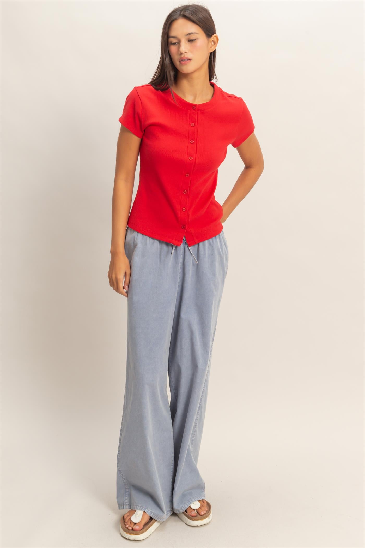 Wholesale Ribbed Button-Front Crew Neck Top Clothing Tops DZ26A727 RED DOUBLE ZERO