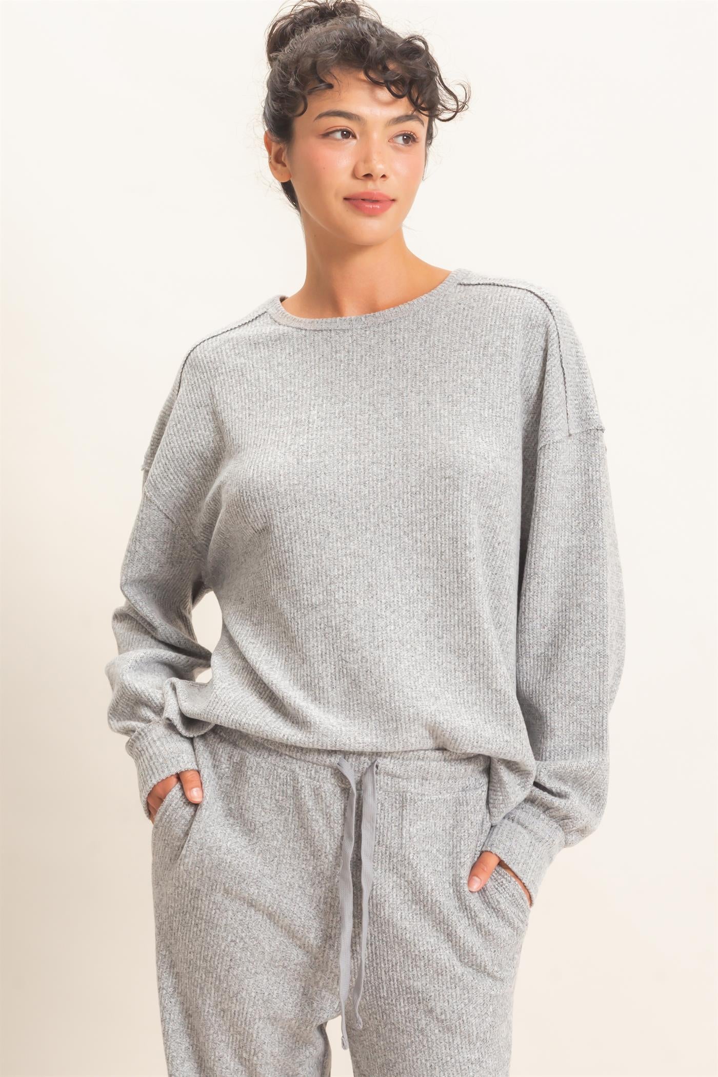 Wholesale Raw Edge Waffle Sweatshirt Sweatshirts DZ26F081 HEATHER GRAY HYFVE
