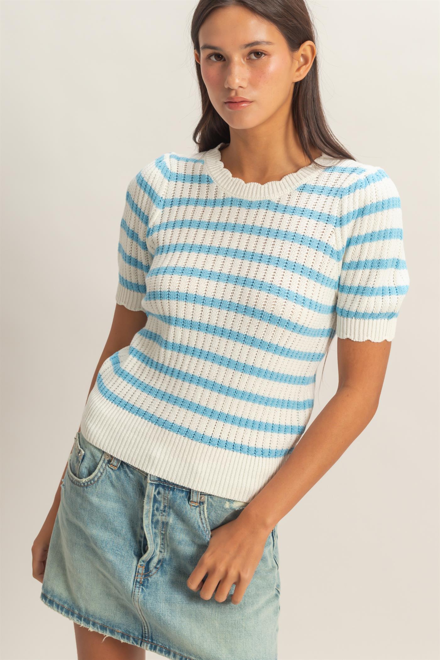 Wholesale Striped Scallop Edge Puff Sleeve Knit Top Shirts DZ26A284 BLUE DOUBLE ZERO