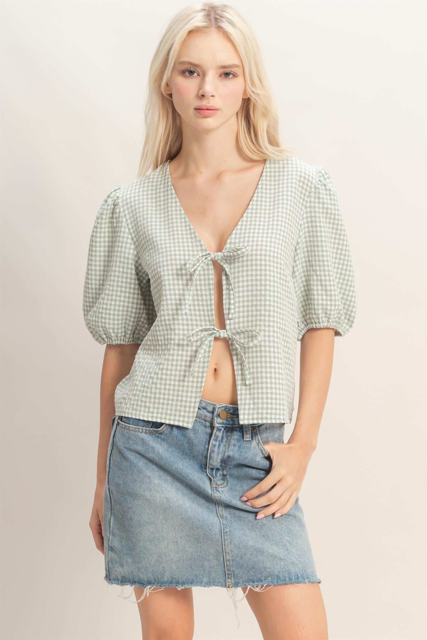 Wholesale Gingham Bow Tie Puff Sleeve Blouse Blouses DZ26C229 SAGE GREEN DOUBLE ZERO