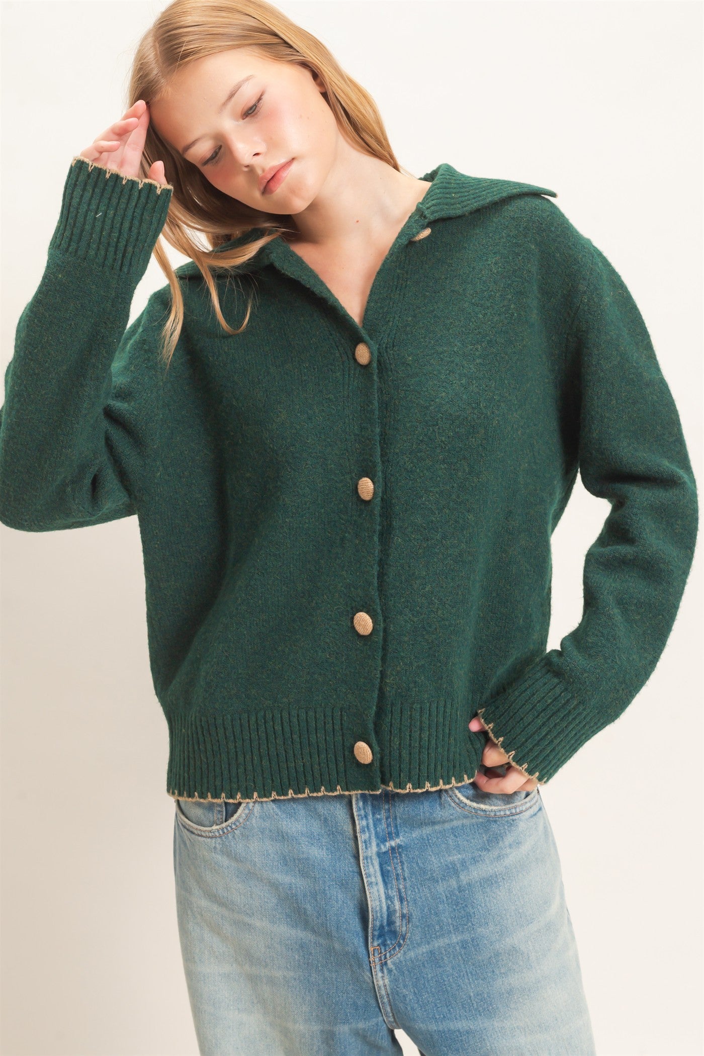 Wholesale Blanket Stitch Collared Cardigan Cardigans HF26F356 DEEP GREEN HYFVE