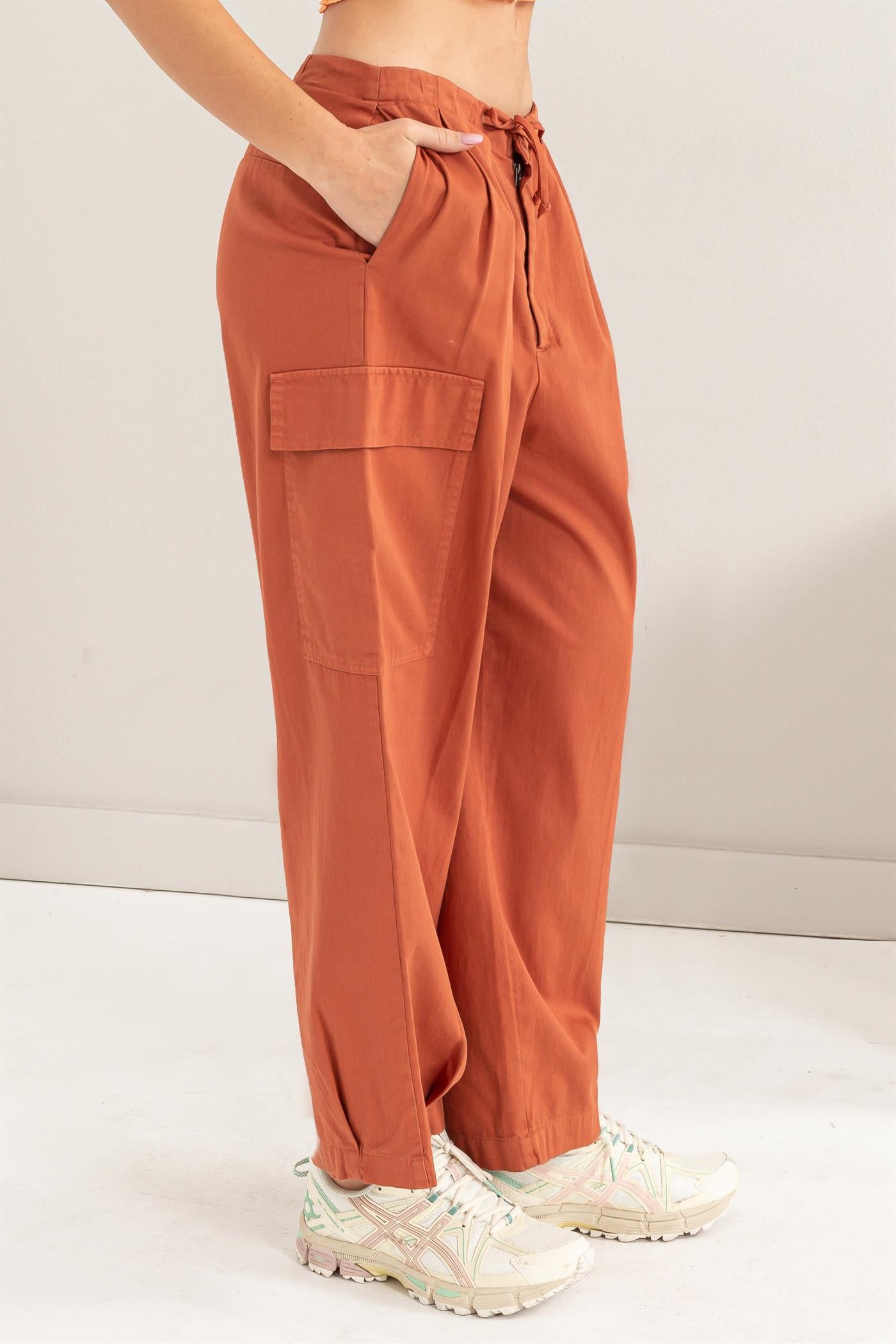 Wholesale High Waist Drawstring Cargo Pants Pants DZ24A650 BAKED CLAY DOUBLE ZERO