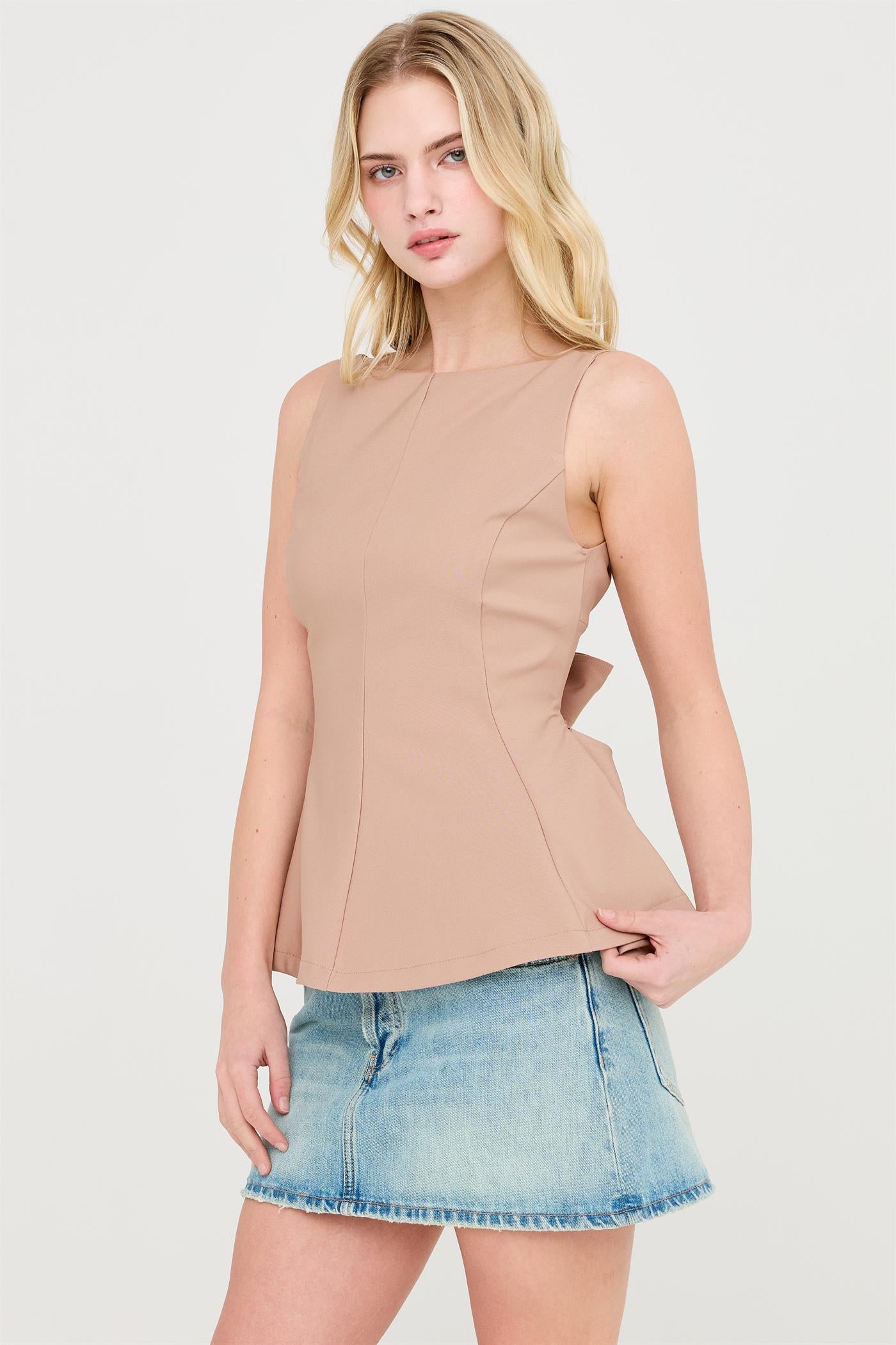 Wholesale Sleeveless Open Back Peplum Top Clothing Tops HF26A292 TAUPE HYFVE