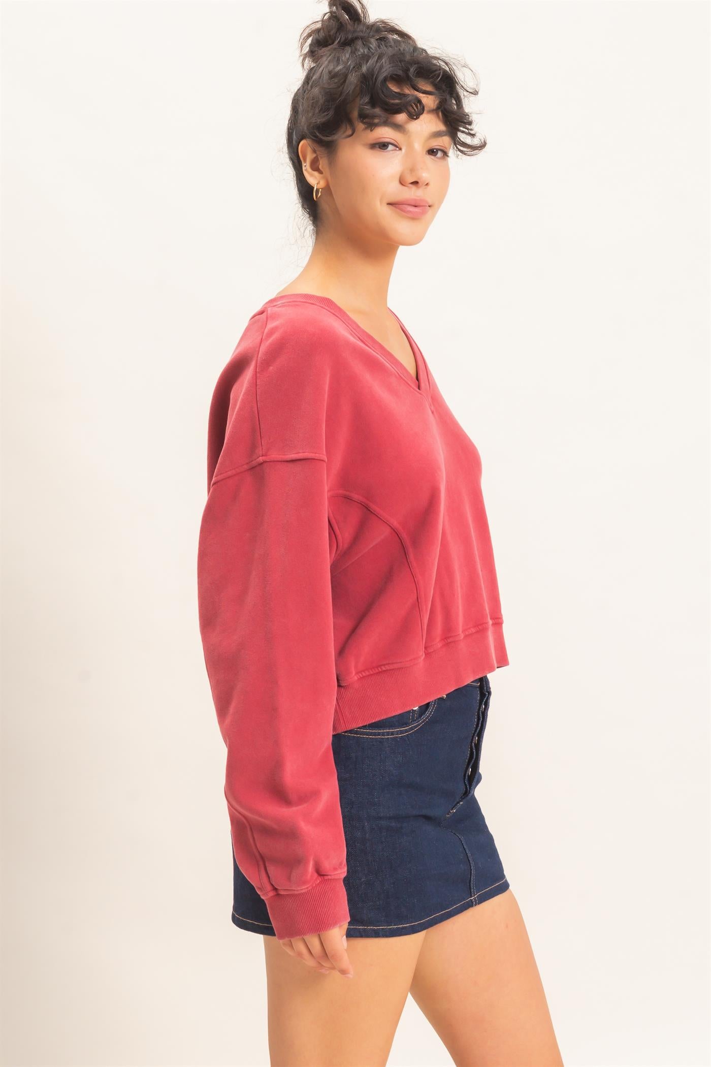 Wholesale Snow Wash V-Neck Sweatshirt Sweatshirts DZ26C844 DARK RED DOUBLE ZERO