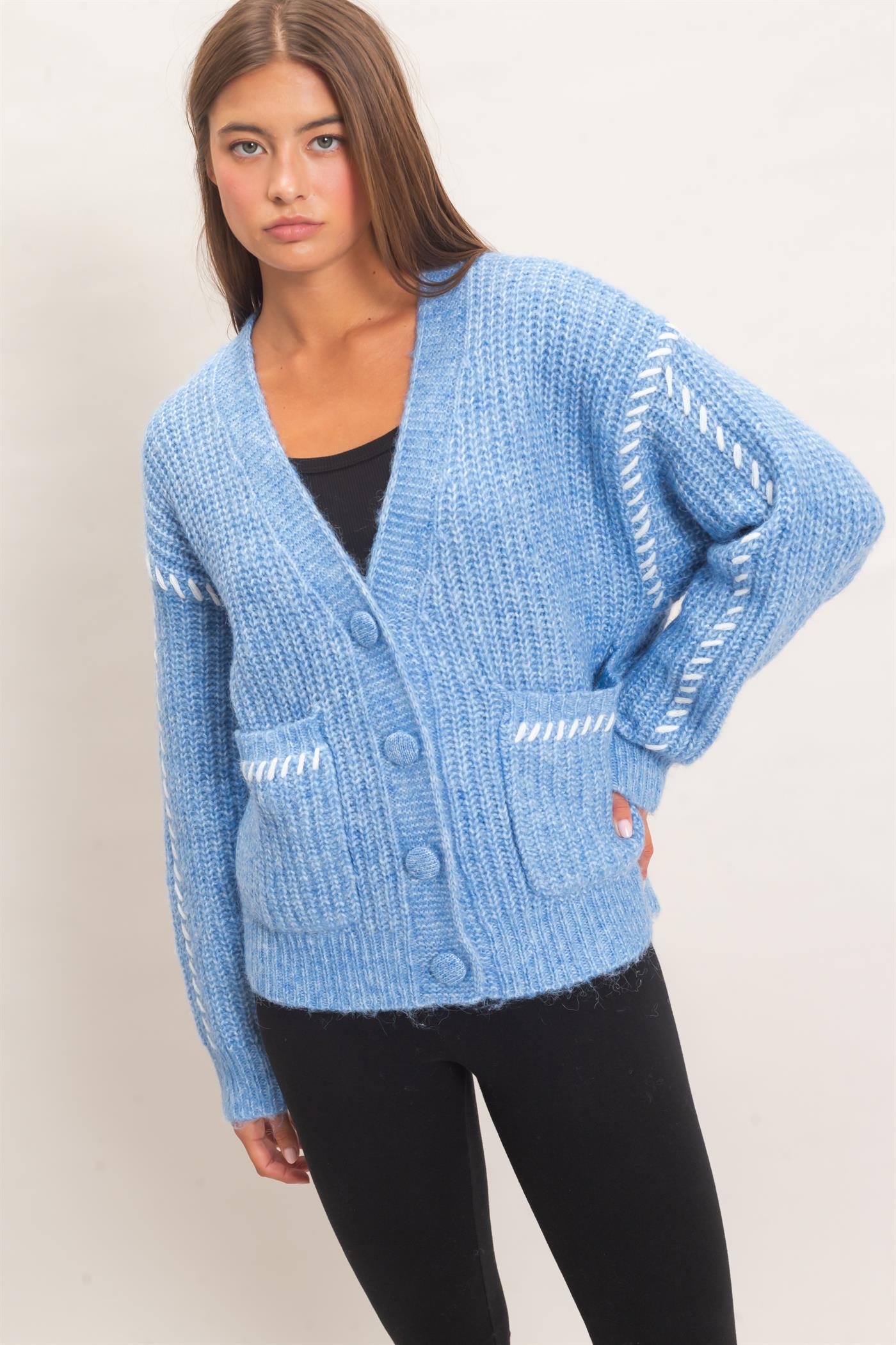 Wholesale Blanket Stitch Oversized Sweater Cardigan Cardigans DZ26E296 BLUE DOUBLE ZERO