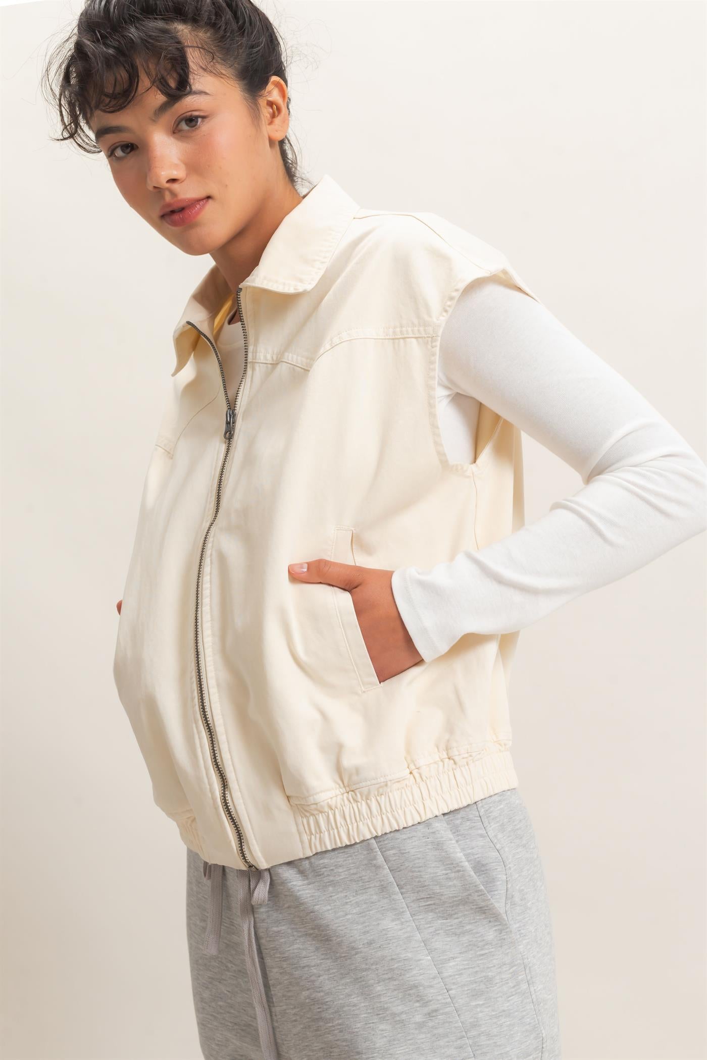 Wholesale Mineral Wash Sleeveless Zip-Up Collar Vest Vests DZ26E392 IVORY DOUBLE ZERO