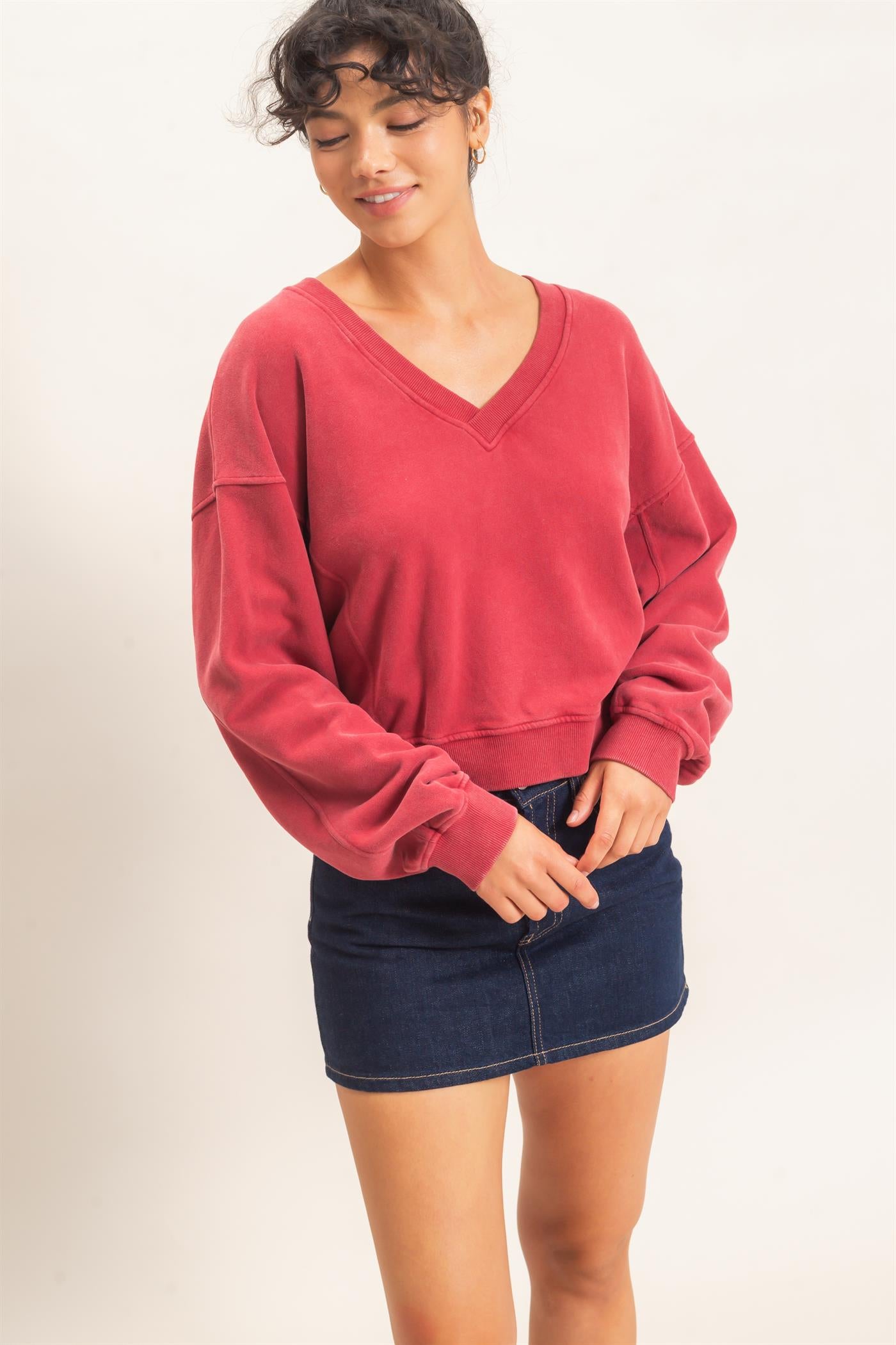 Wholesale Snow Wash V-Neck Sweatshirt Sweatshirts DZ26C844 DARK RED DOUBLE ZERO