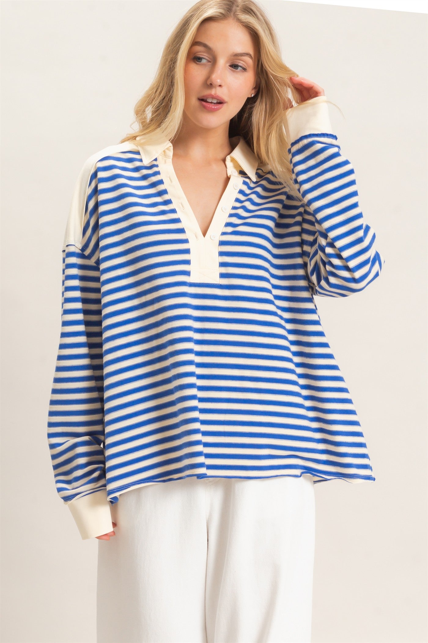 Wholesale Striped Henley Sweatshirt Clothing Tops HF26F089 BLUE HYFVE