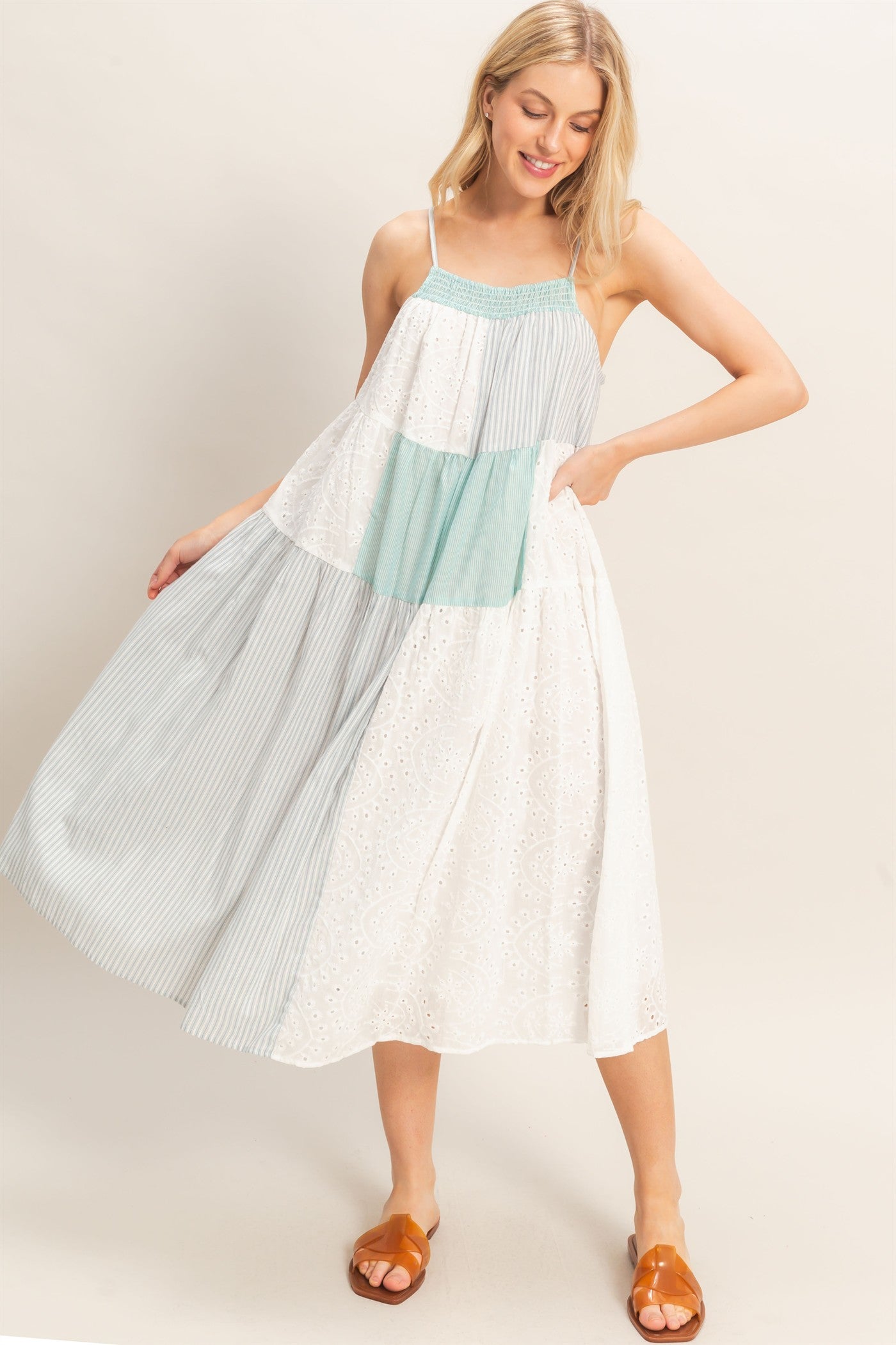 Wholesale Strappy Patchwork Midi Dress Dresses HF26C523 GREEN COMBO HYFVE