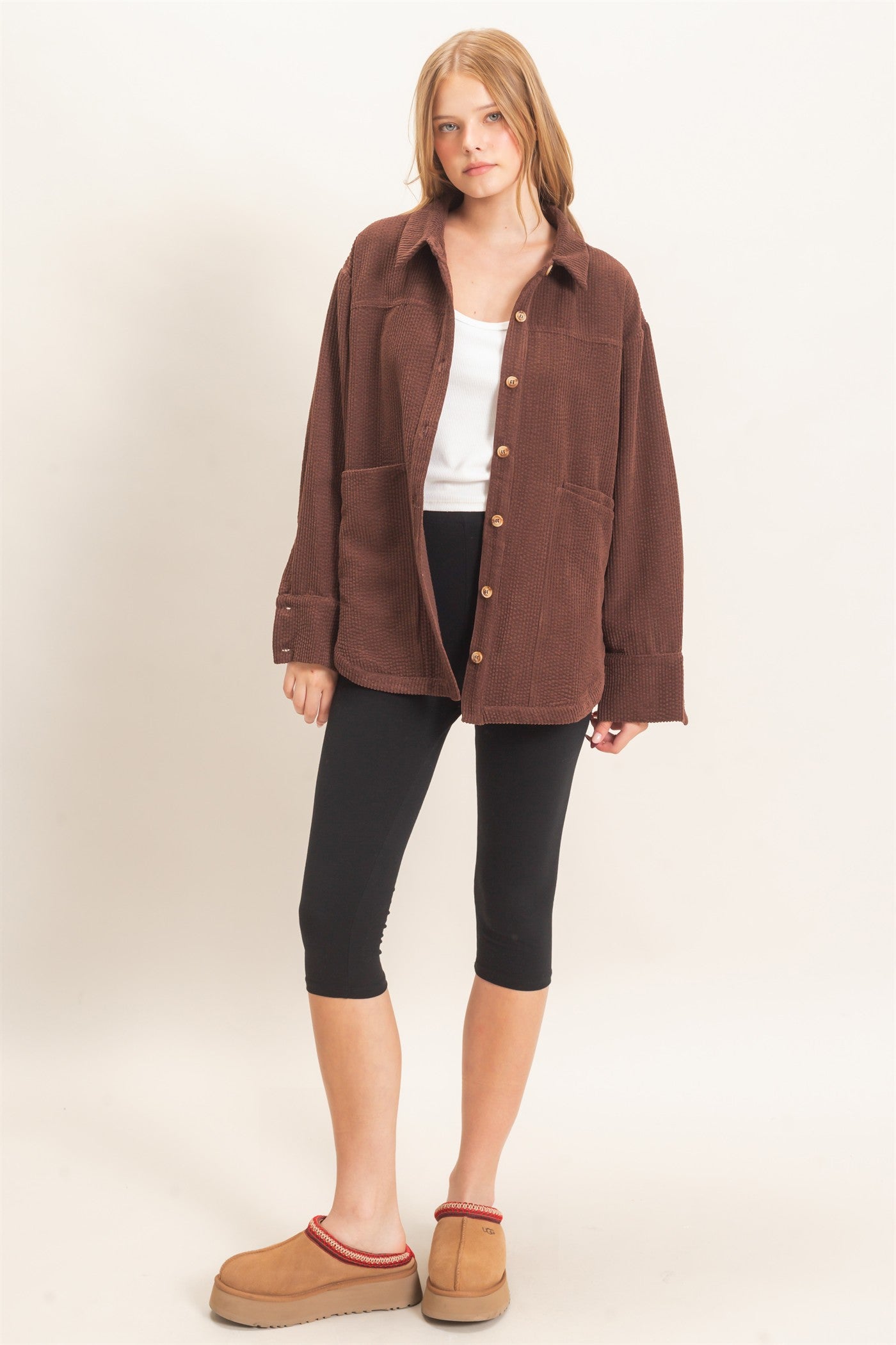 Wholesale Corduroy Button-Up Shirt Outerwear HF26F163 CHOCOLATE HYFVE