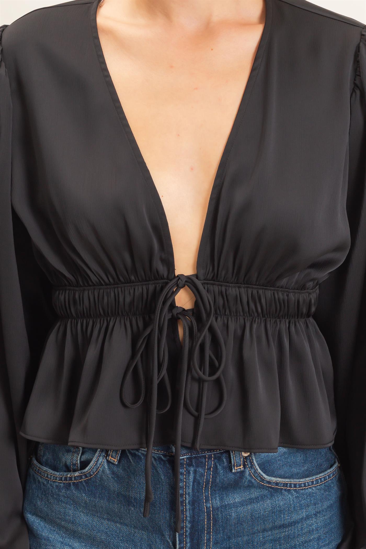 Wholesale Plunging Tie-Front Blouse Blouses HF26F082 BLACK HYFVE