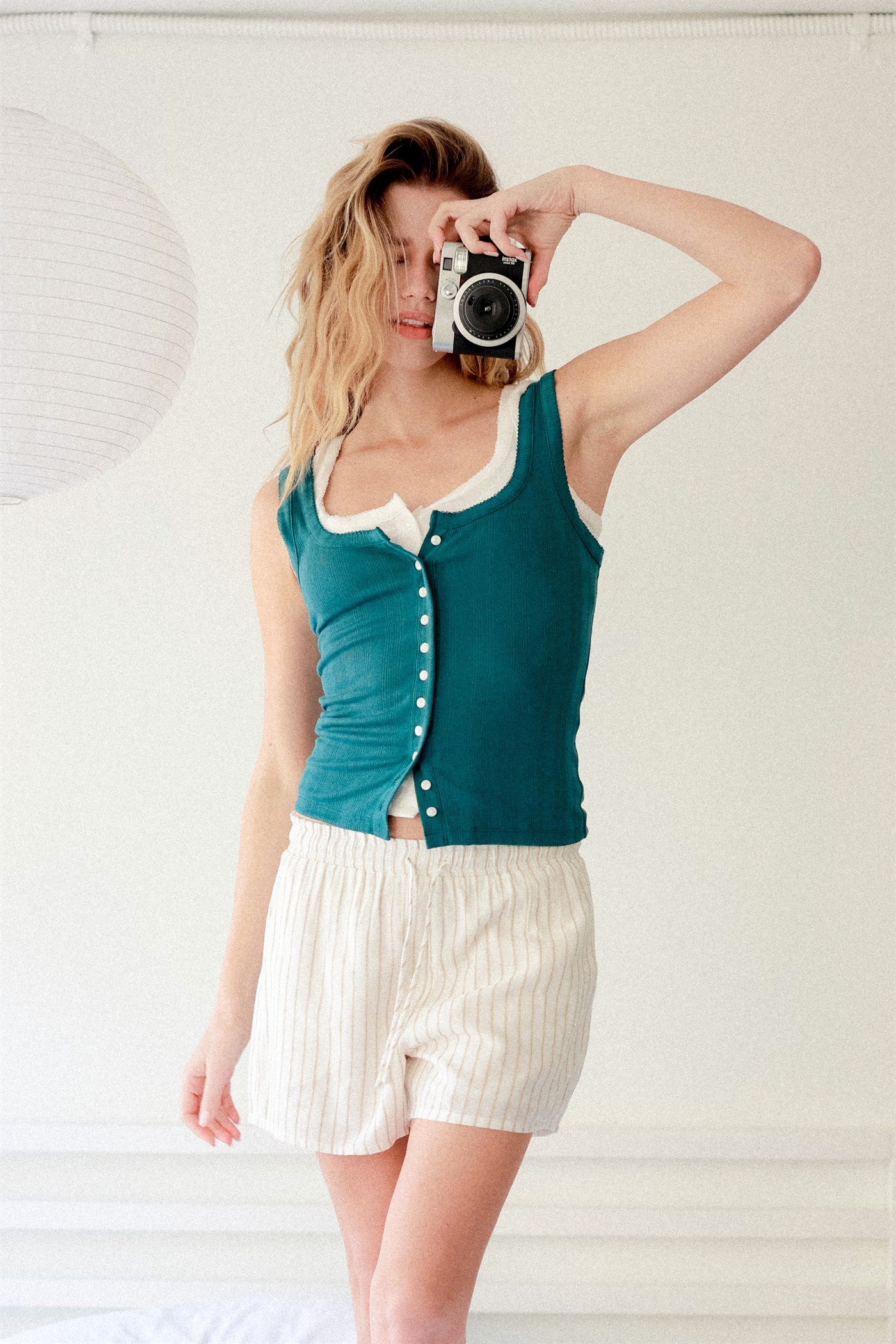 Wholesale Pointelle Button Front Scoop Neck Tank Top Tank Tops DZ26A775 DARK TEAL DOUBLE ZERO