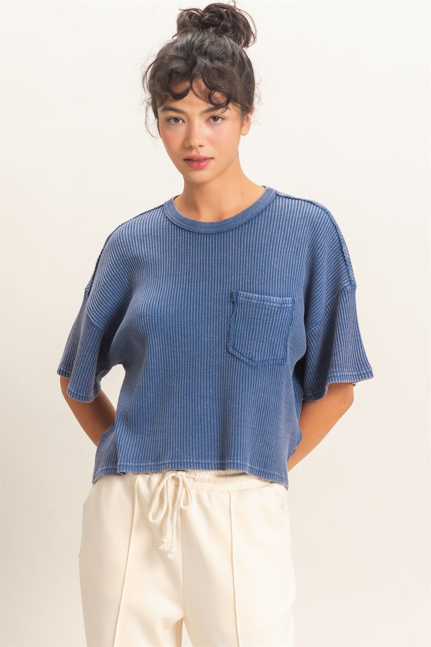 Wholesale Mineral Wash Waffle Knit Pocket Top Clothing Tops DZ26E222 NAVY DOUBLE ZERO