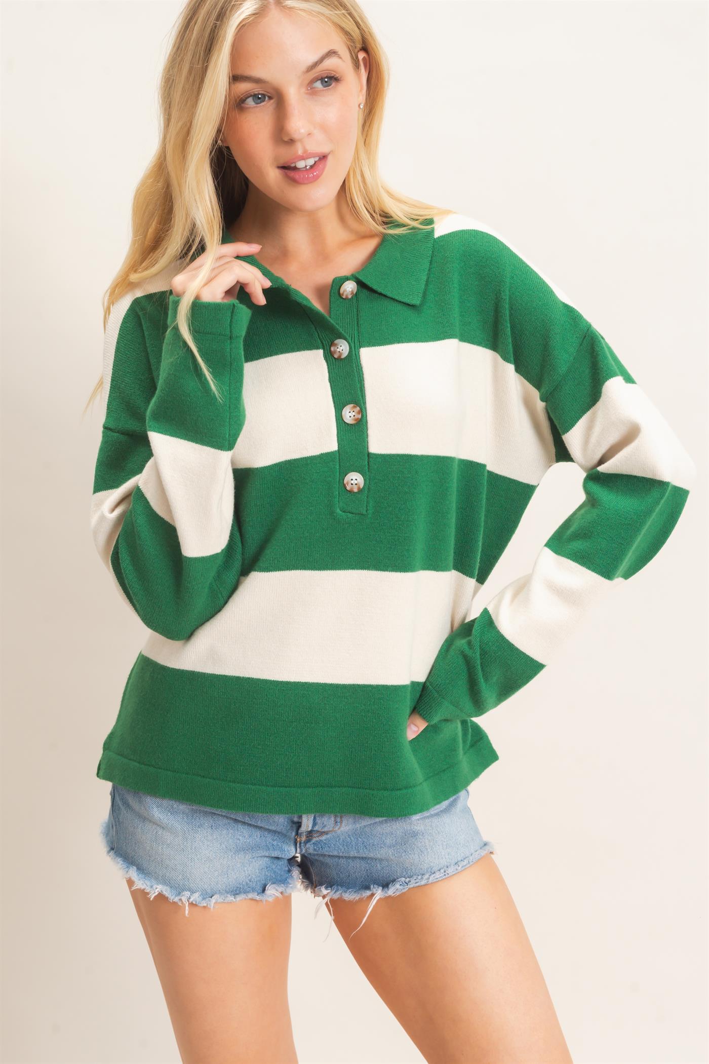 Wholesale Striped Button-Up Sweater Sweaters HF26F198 GREEN HYFVE