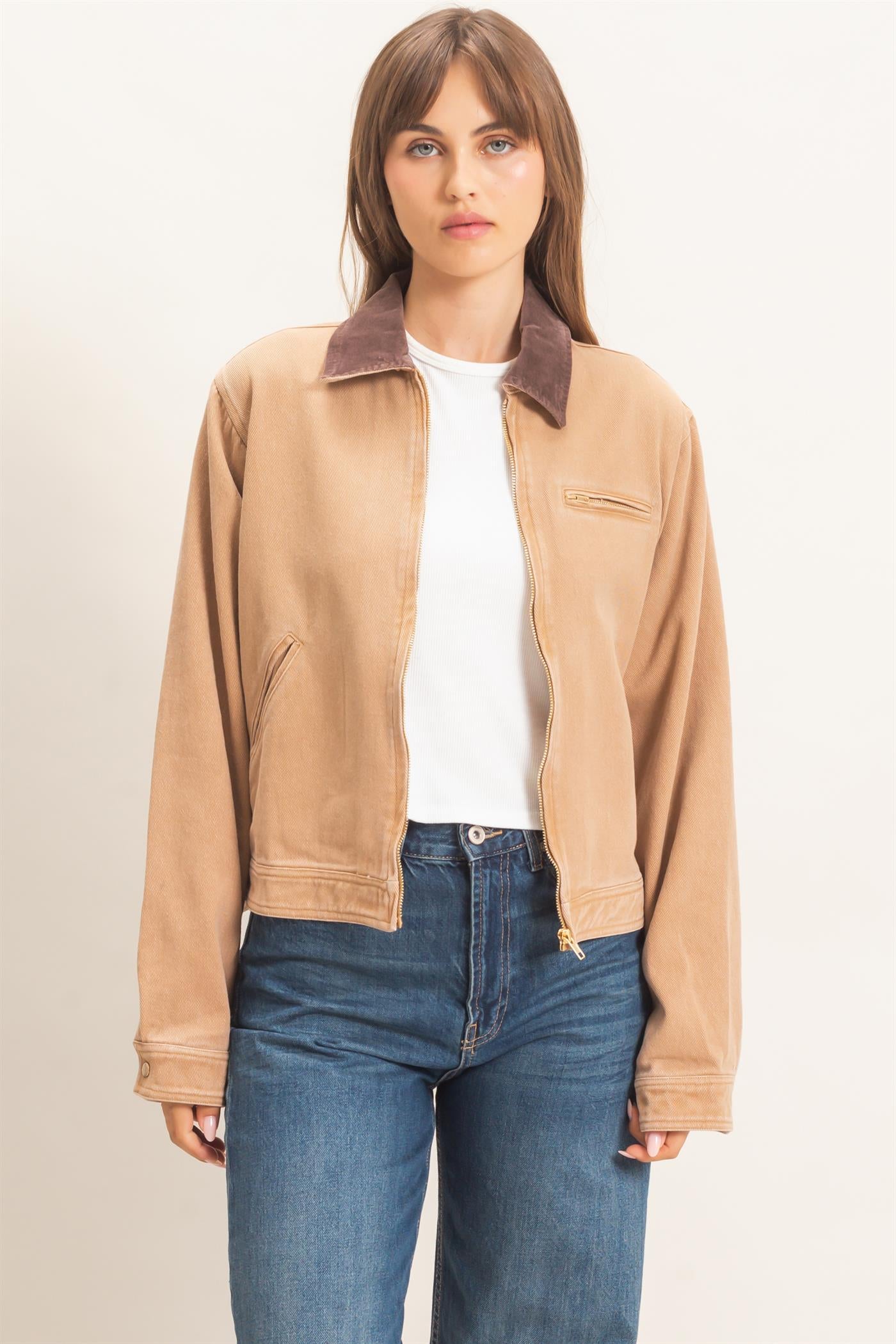 Wholesale Twill Jacket With Corduroy Collar Outerwear HF26E011 DARK TAUPE HYFVE