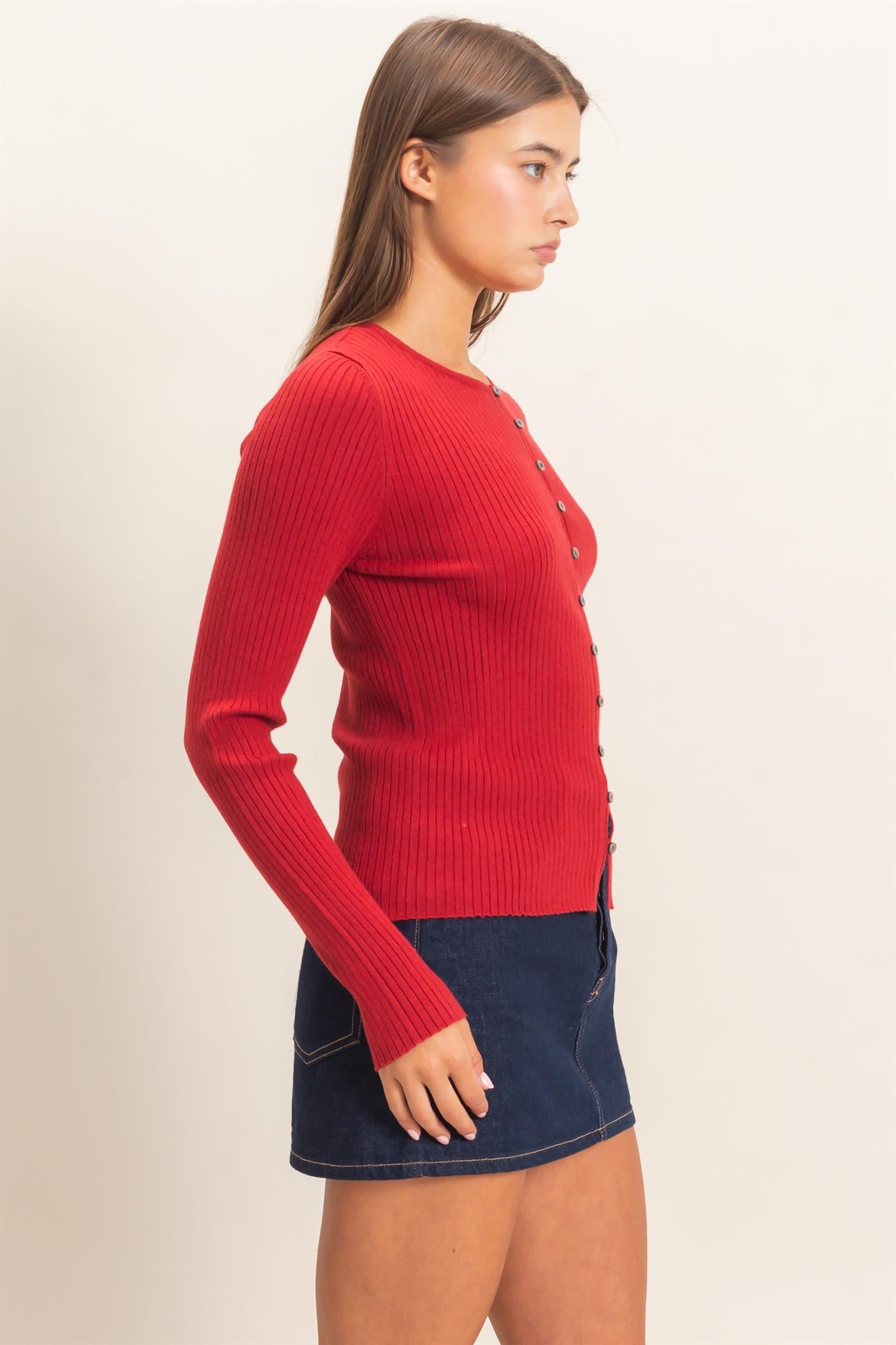 Wholesale Ribbed Button Front Cardigan Cardigans DZ26E322 DARK RED DOUBLE ZERO