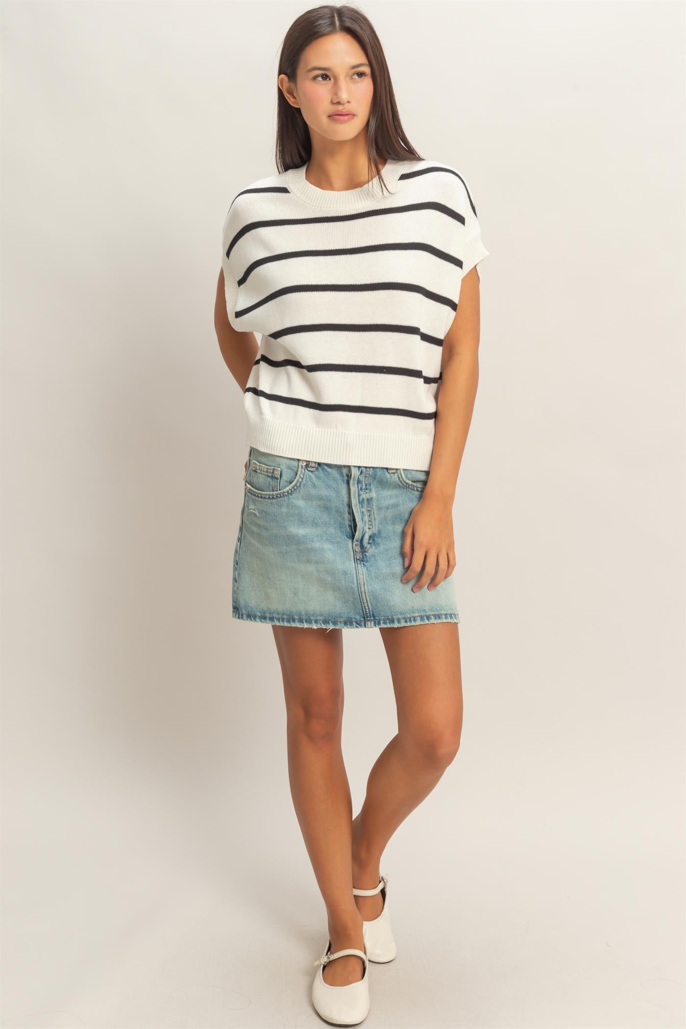 Wholesale Striped Crew Neck Knit Top Clothing Tops DZ26A740 BLACK DOUBLE ZERO