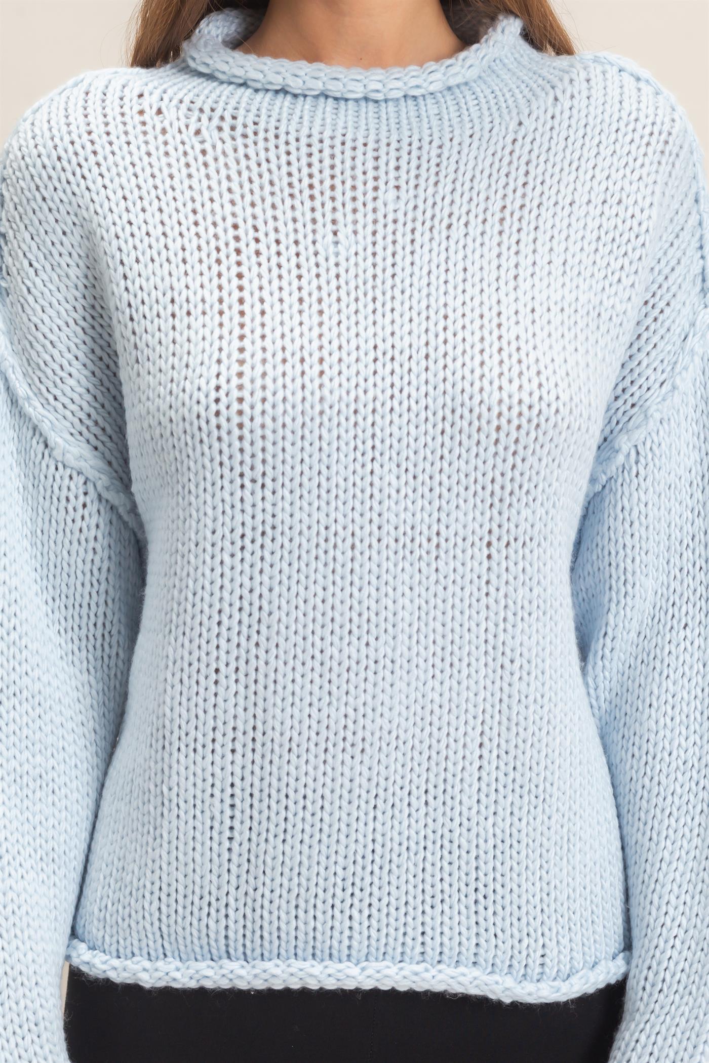 Wholesale Rolled Collar Loose Knit Sweater Sweaters HF26C859 LIGHT BLUE HYFVE