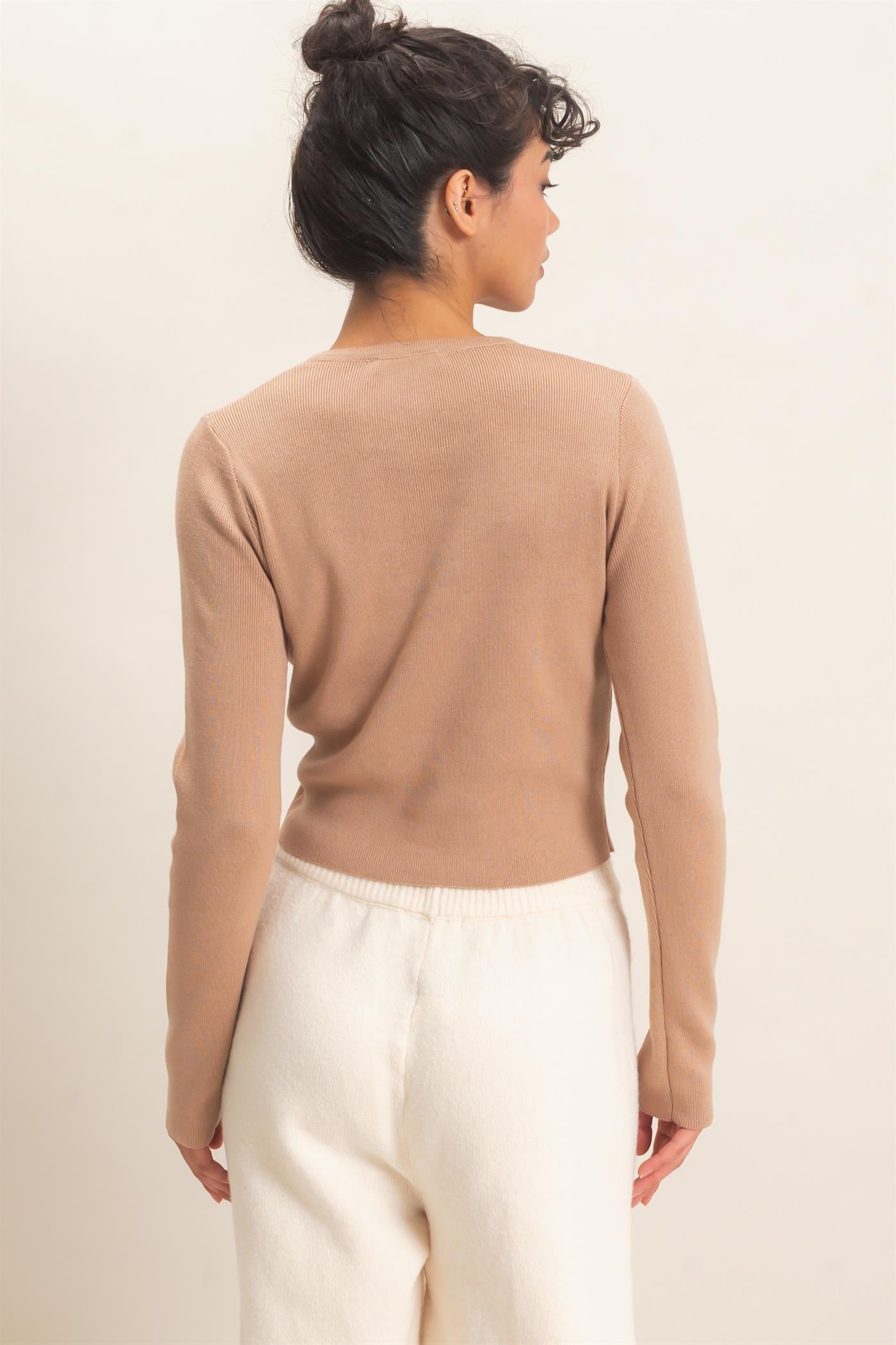 Wholesale Ribbed Crew Neck Cardigan Cardigans DZ27A153 DARK TAUPE DOUBLE ZERO