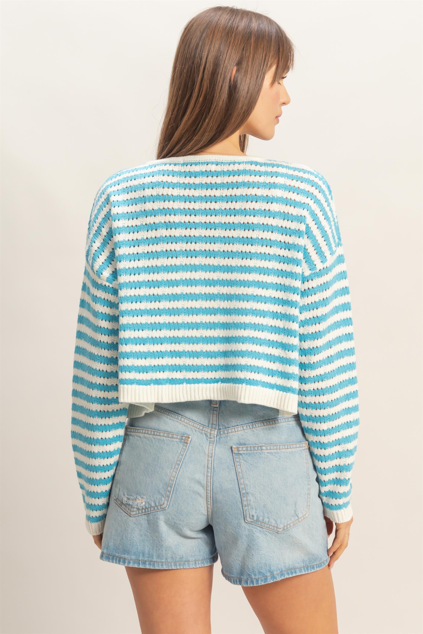 Wholesale Striped V-Neck Cardigan Cardigans HF26A174 BLUE HYFVE