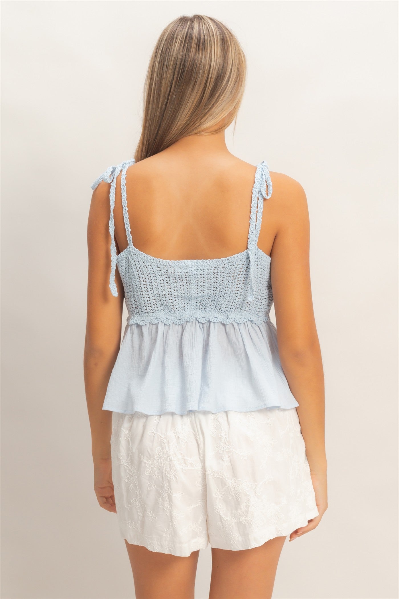 Wholesale Crochet Tie-Strap Peplum Top Clothing HF26A872 LIGHT BLUE HYFVE