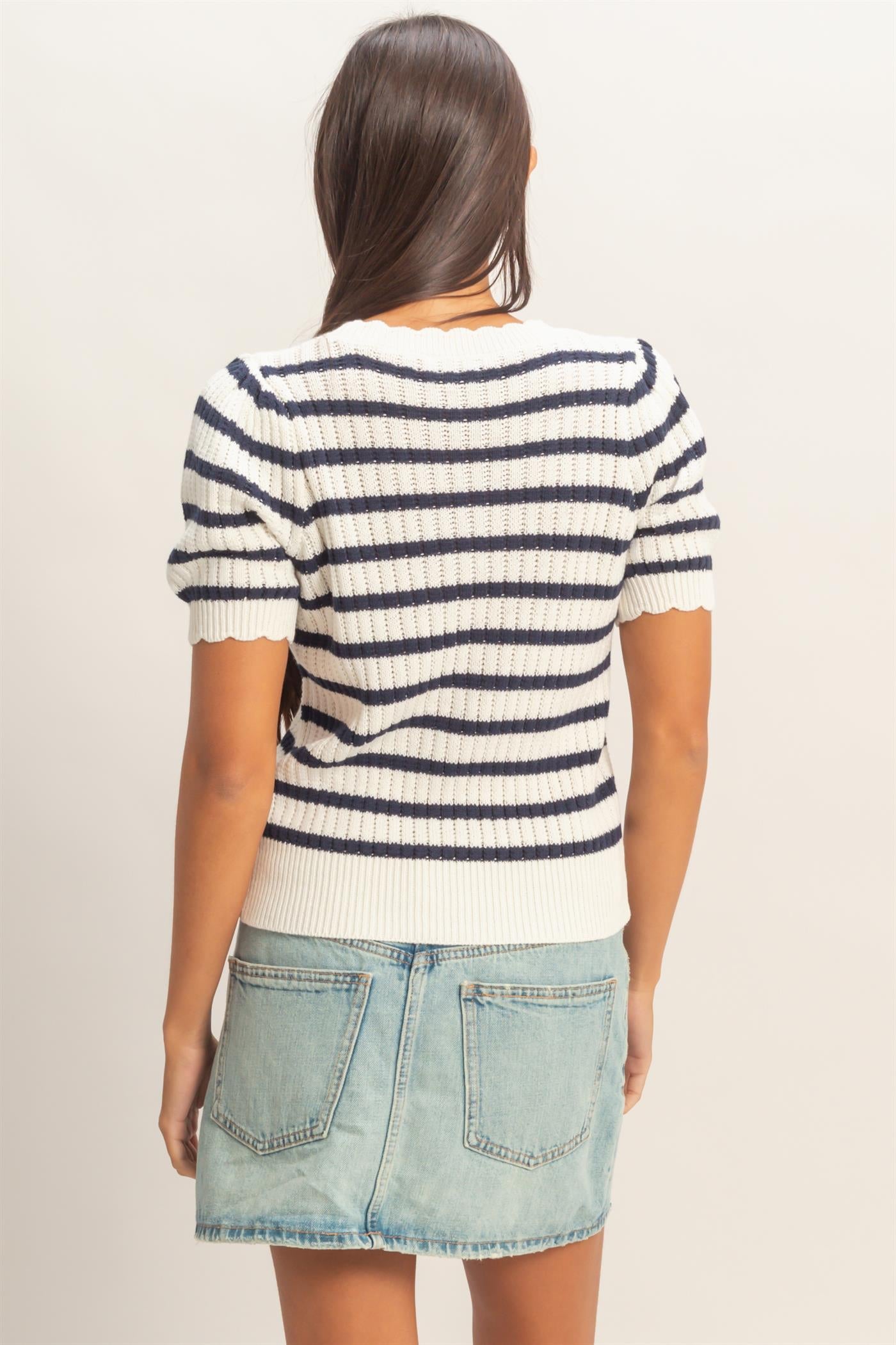 Wholesale Striped Scallop Edge Puff Sleeve Knit Top Shirts DZ26A284 NAVY DOUBLE ZERO