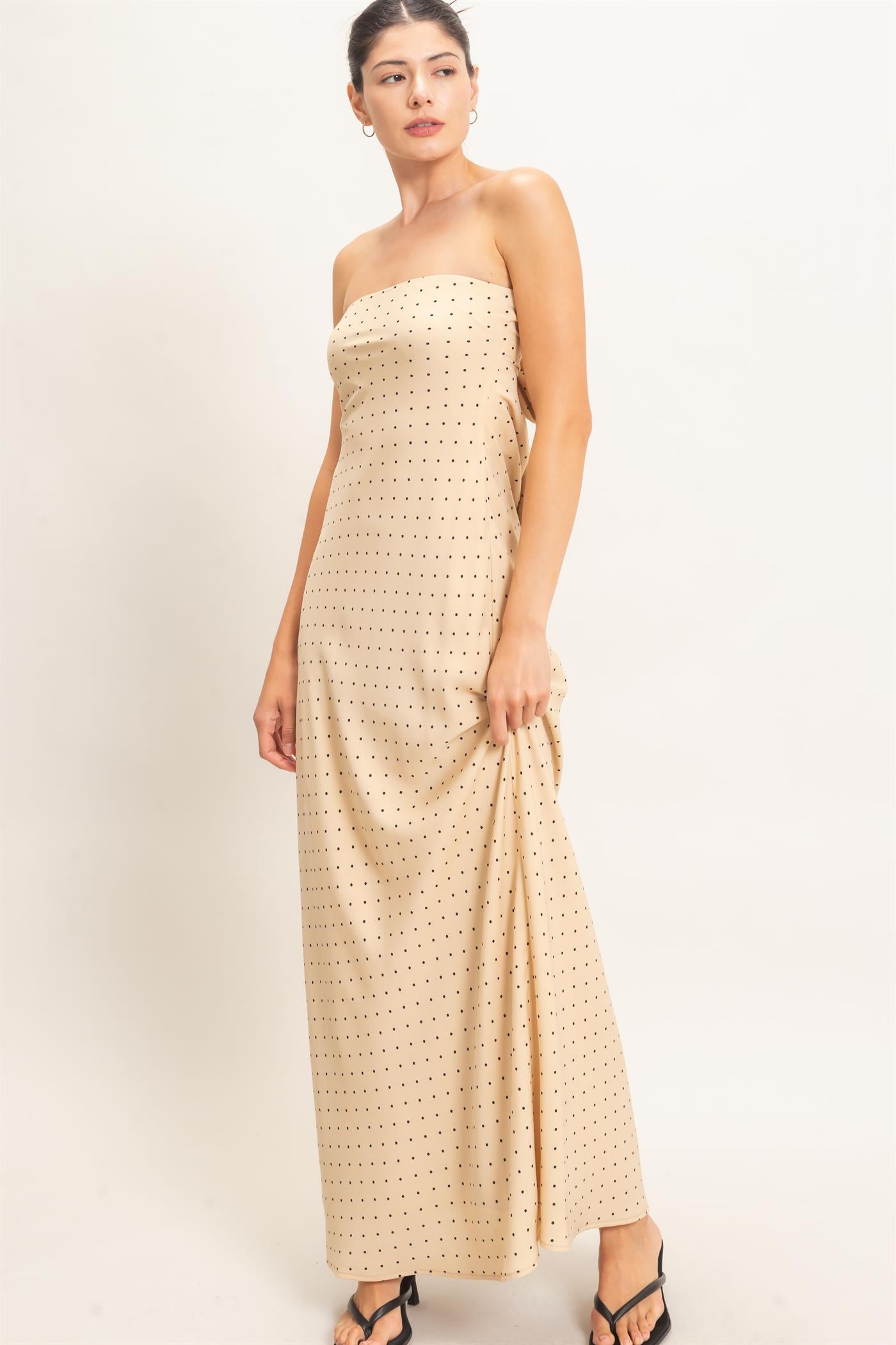 Wholesale Strapless Polka Dot Maxi Dress Dresses HF26E845 BEIGE HYFVE