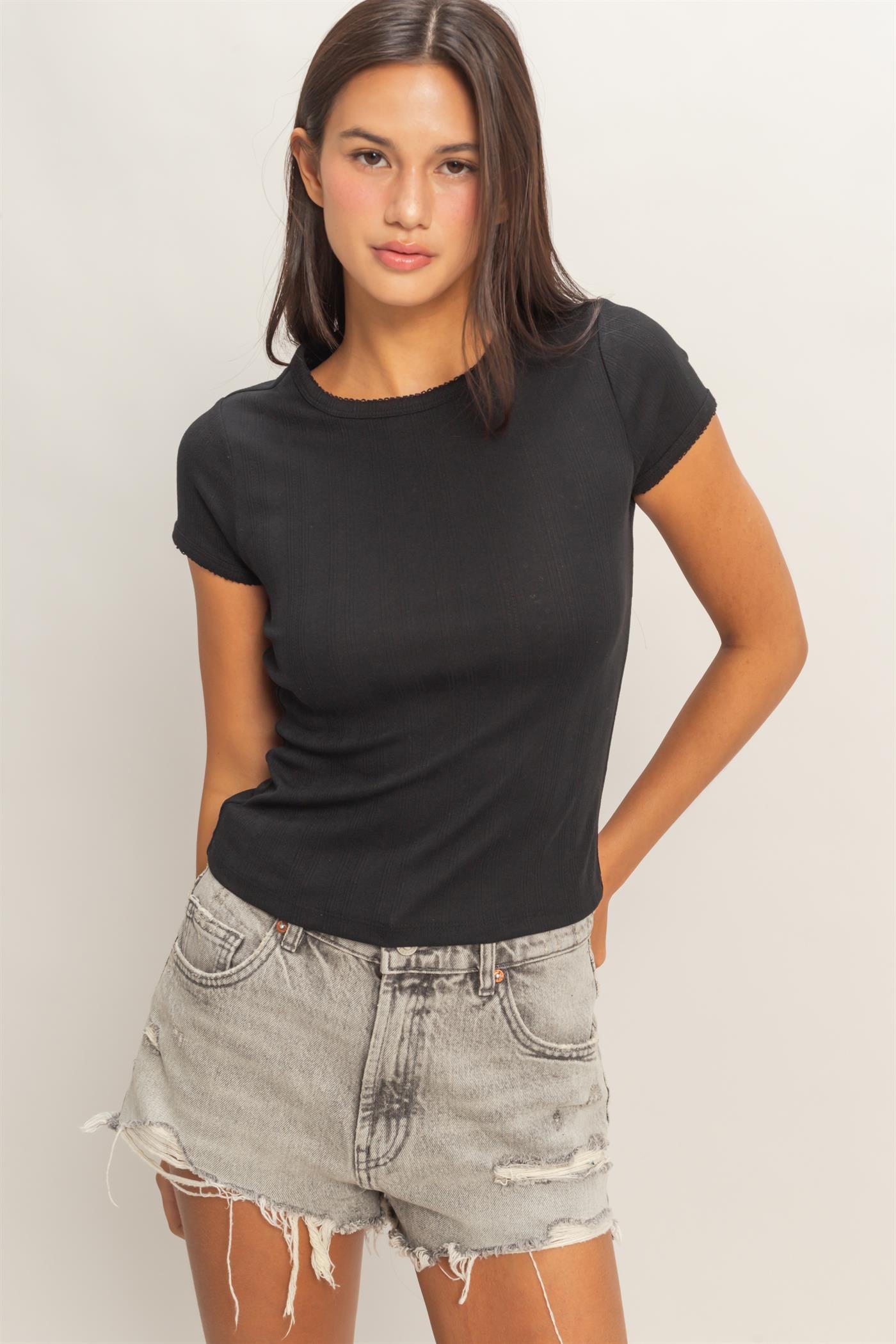 Wholesale Pointelle Short Sleeve Top Clothing Tops DZ26C285 BLACK DOUBLE ZERO