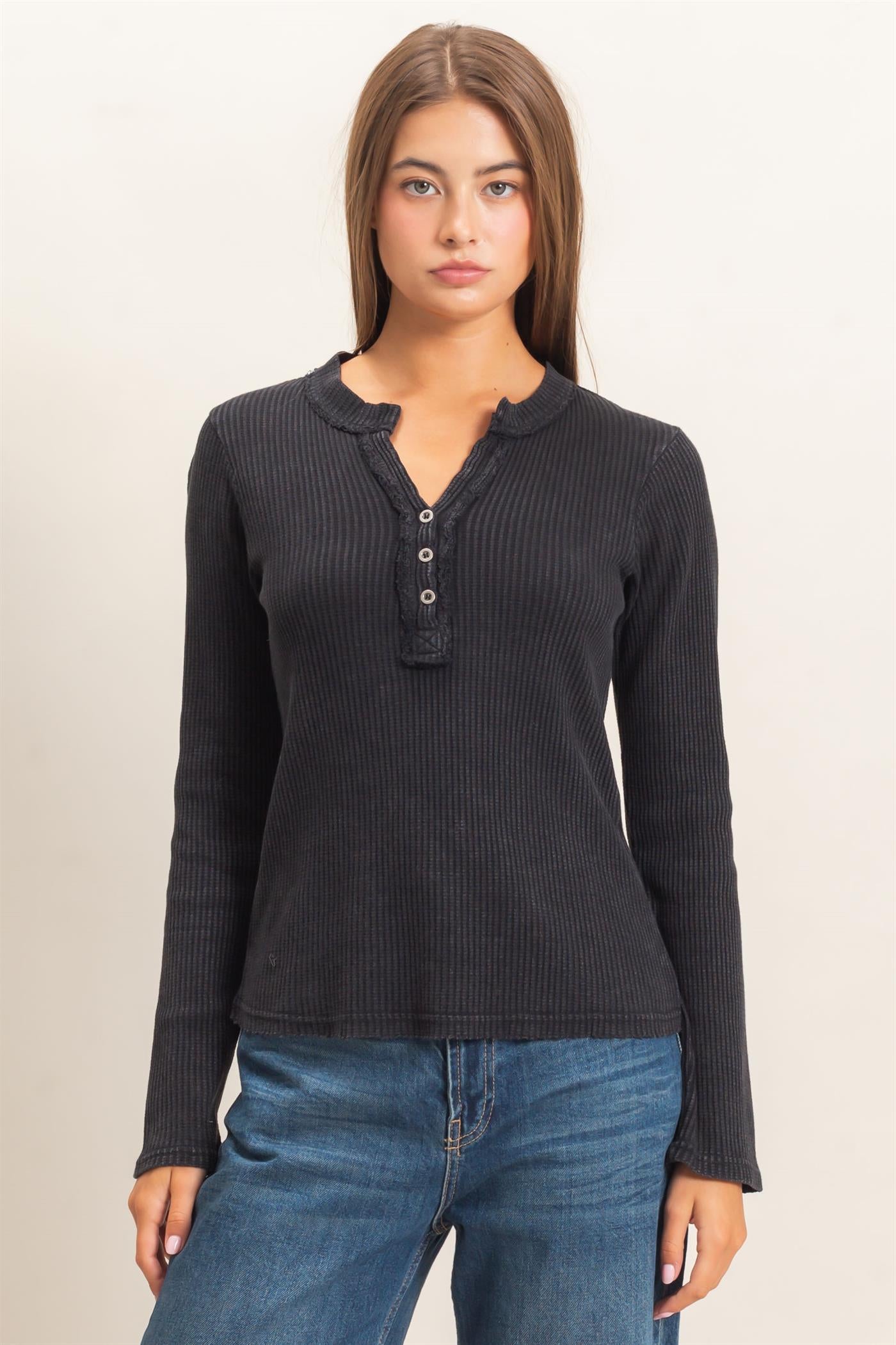 Wholesale Mineral Wash Waffle Henley Long Sleeve Top Clothing Tops DZ26E243 BLACK DOUBLE ZERO