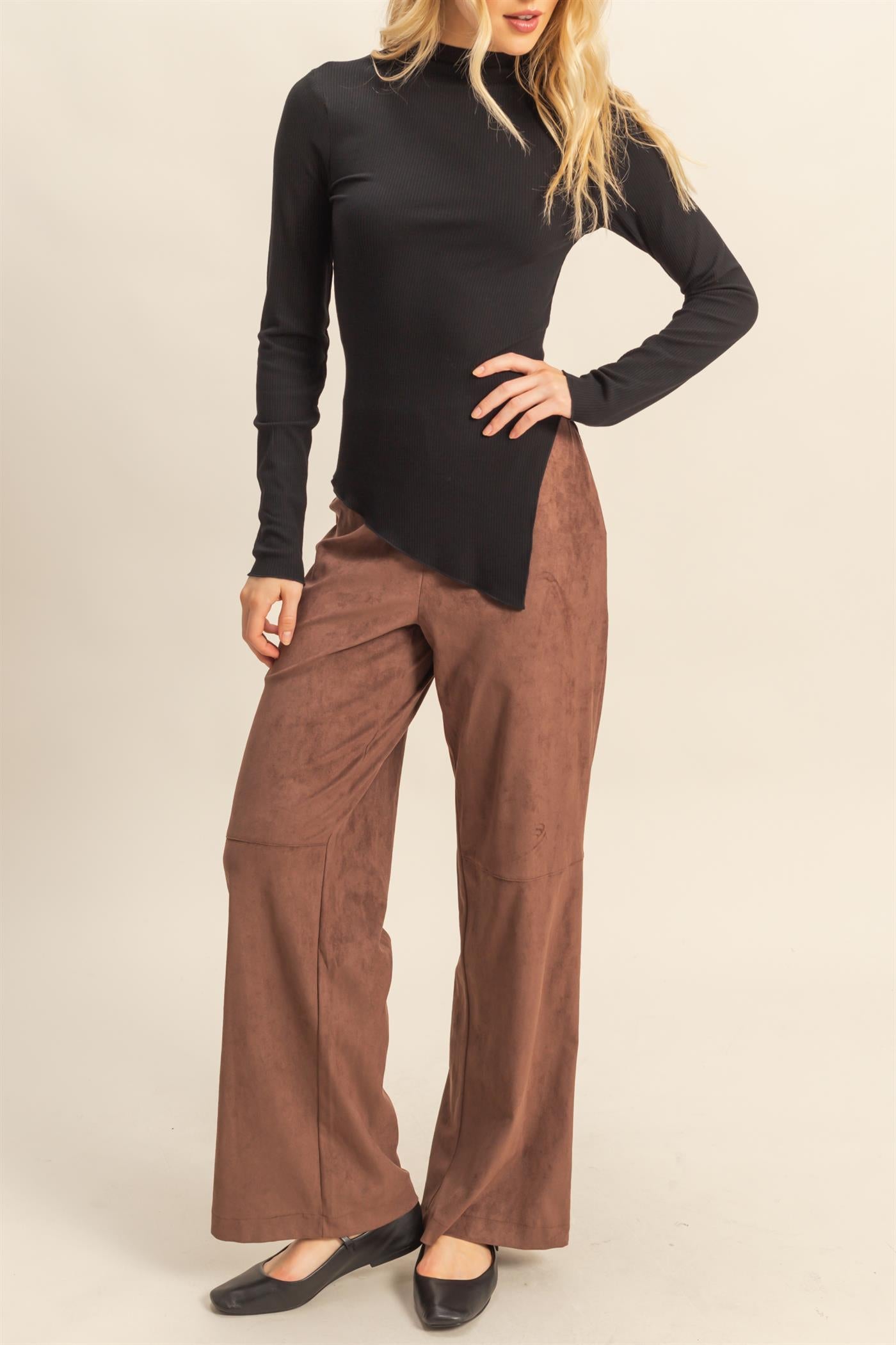 Wholesale Suede Wide-Leg Pants With Tailored Fit Pants HF26A592 CHESTNUT HYFVE