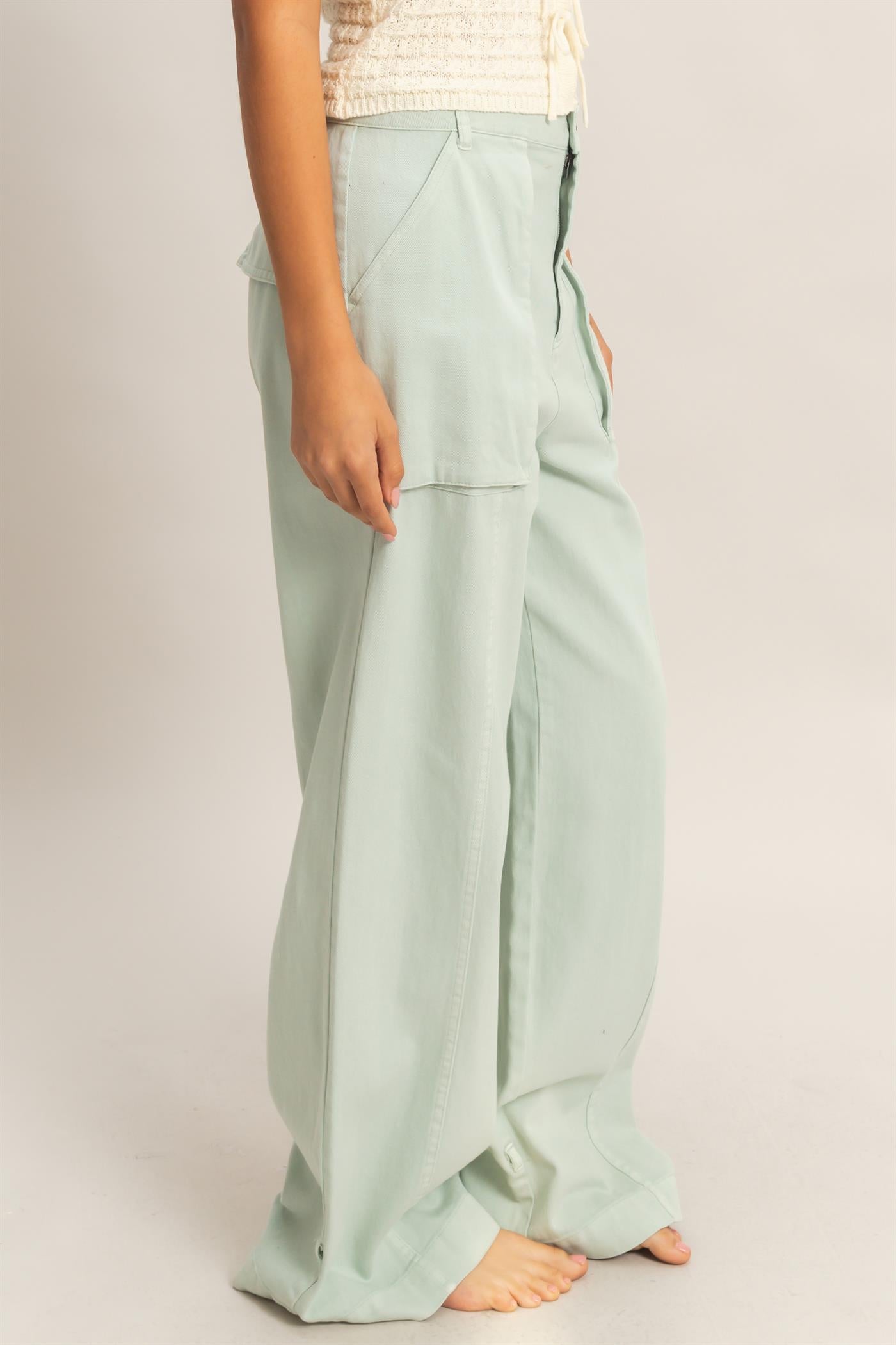 Wholesale High Rise Cargo Pants With Ankle Ties Pants DZ24C156 MINT DOUBLE ZERO