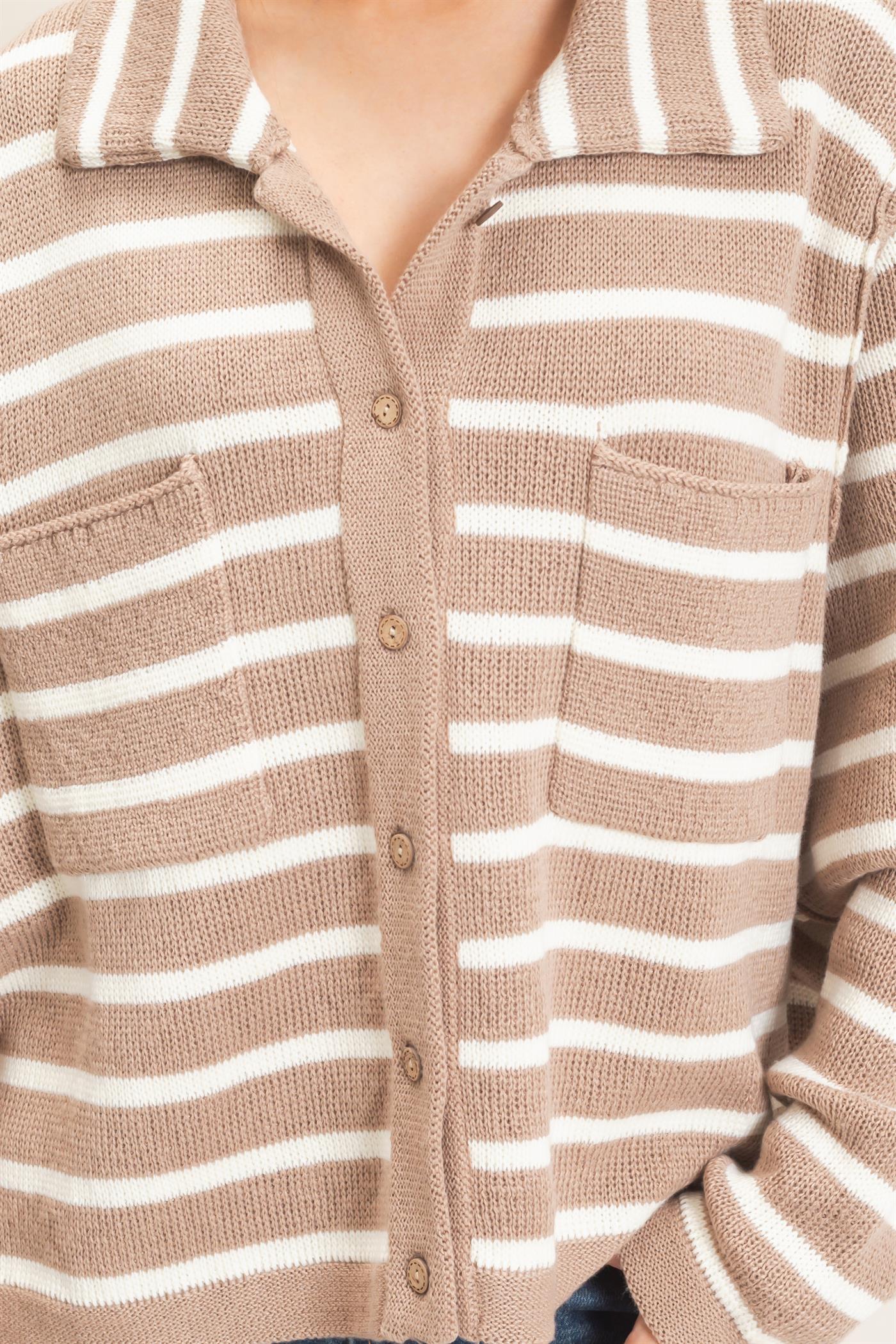 Wholesale Striped Button Front Cardigan Sweaters HF26F197 TAUPE HYFVE