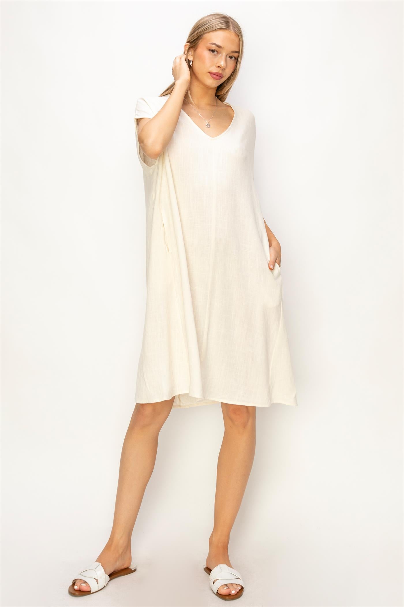 Wholesale V-Neck Oversized Linen Midi Dress Dresses DZ23E033-D CREAM DOUBLE ZERO