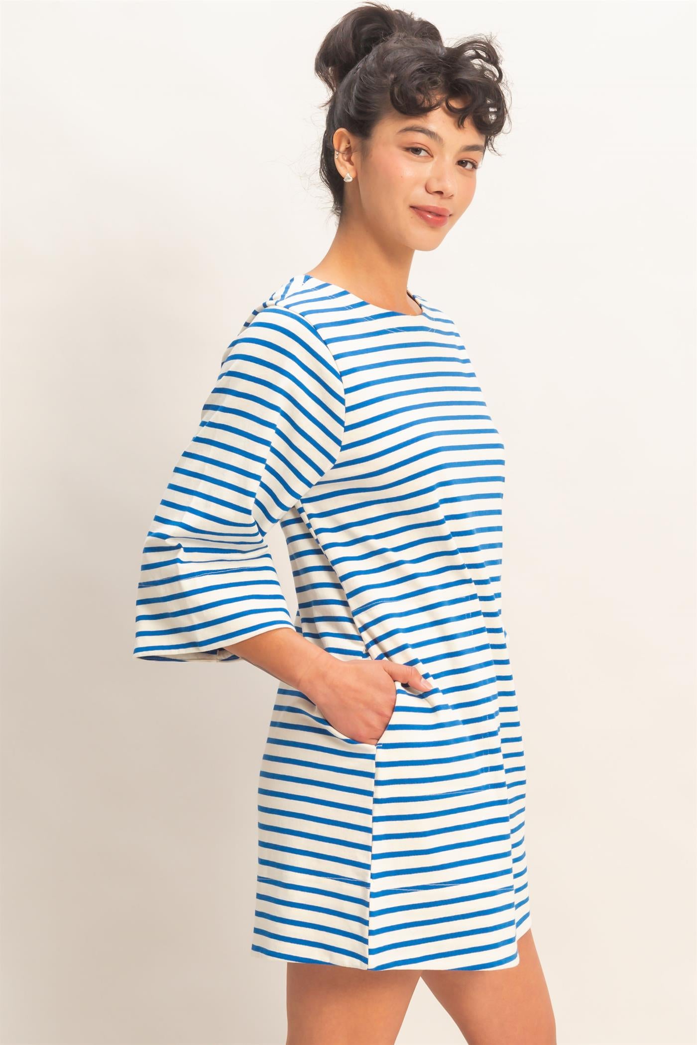 Wholesale Striped Round Neck Half-Sleeve Mini Dress Dresses DZ26A460 BLUE DOUBLE ZERO