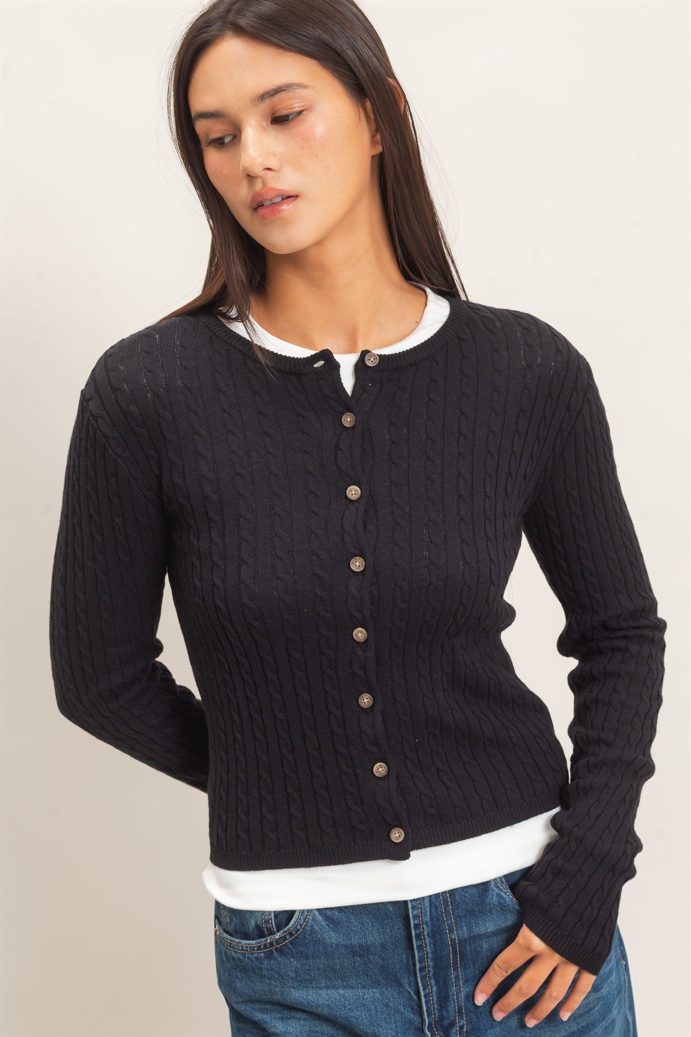 Wholesale Cable Knit Cardigan Cardigans DZ26E256 BLACK DOUBLE ZERO