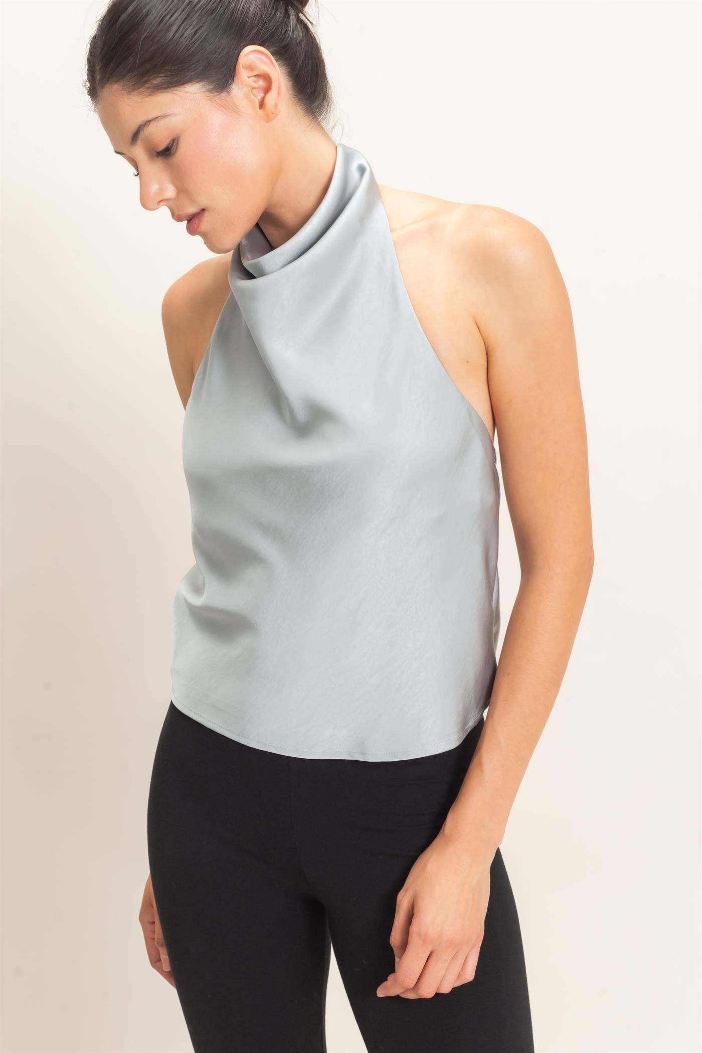 Wholesale Draped Halter Satin Top Blouses HF26E632 MISTY BLUE HYFVE
