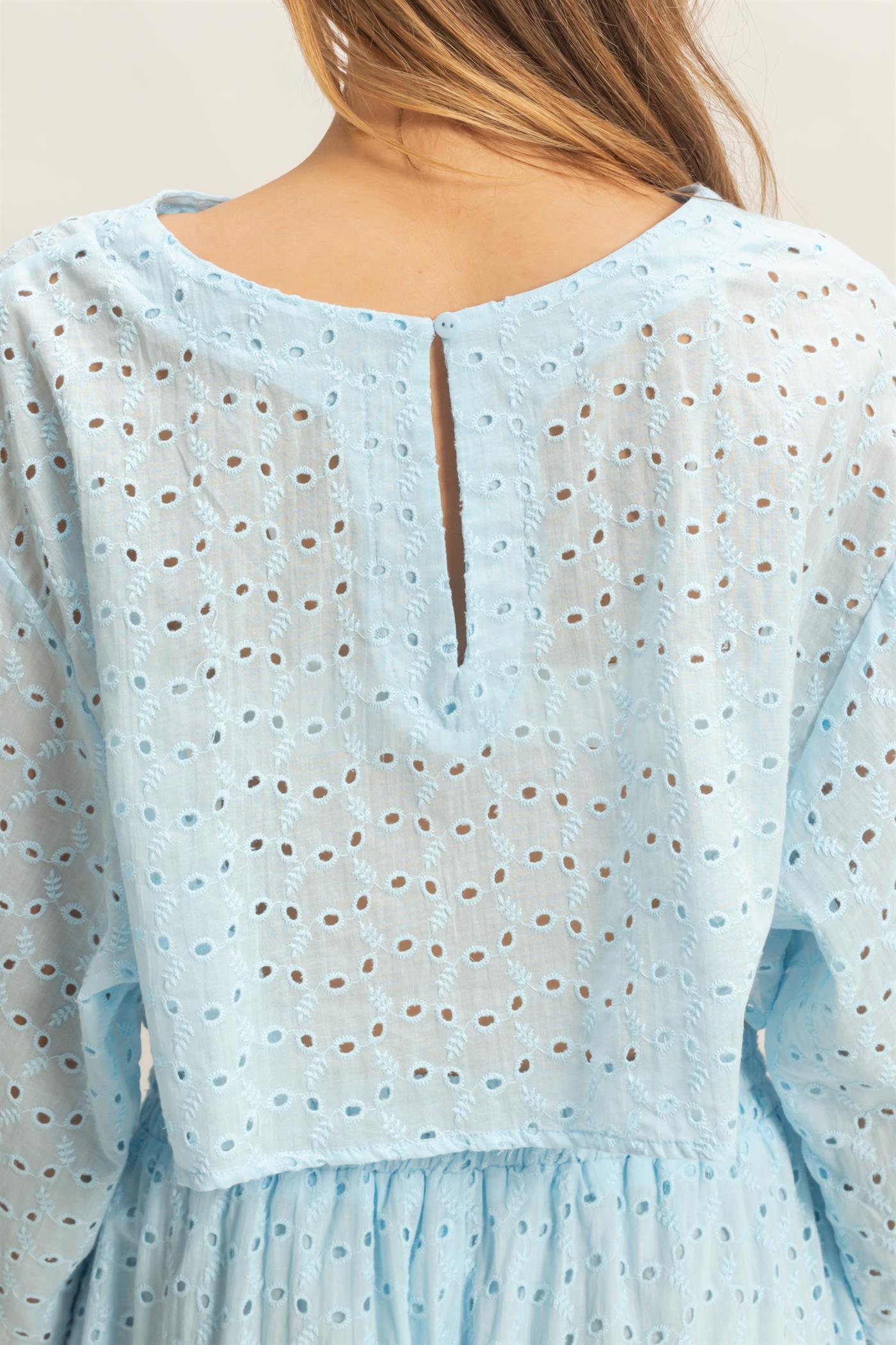 Wholesale Eyelet Long Sleeve Top & Shorts Set Clothing HF26A066-SET L.BLUE HYFVE