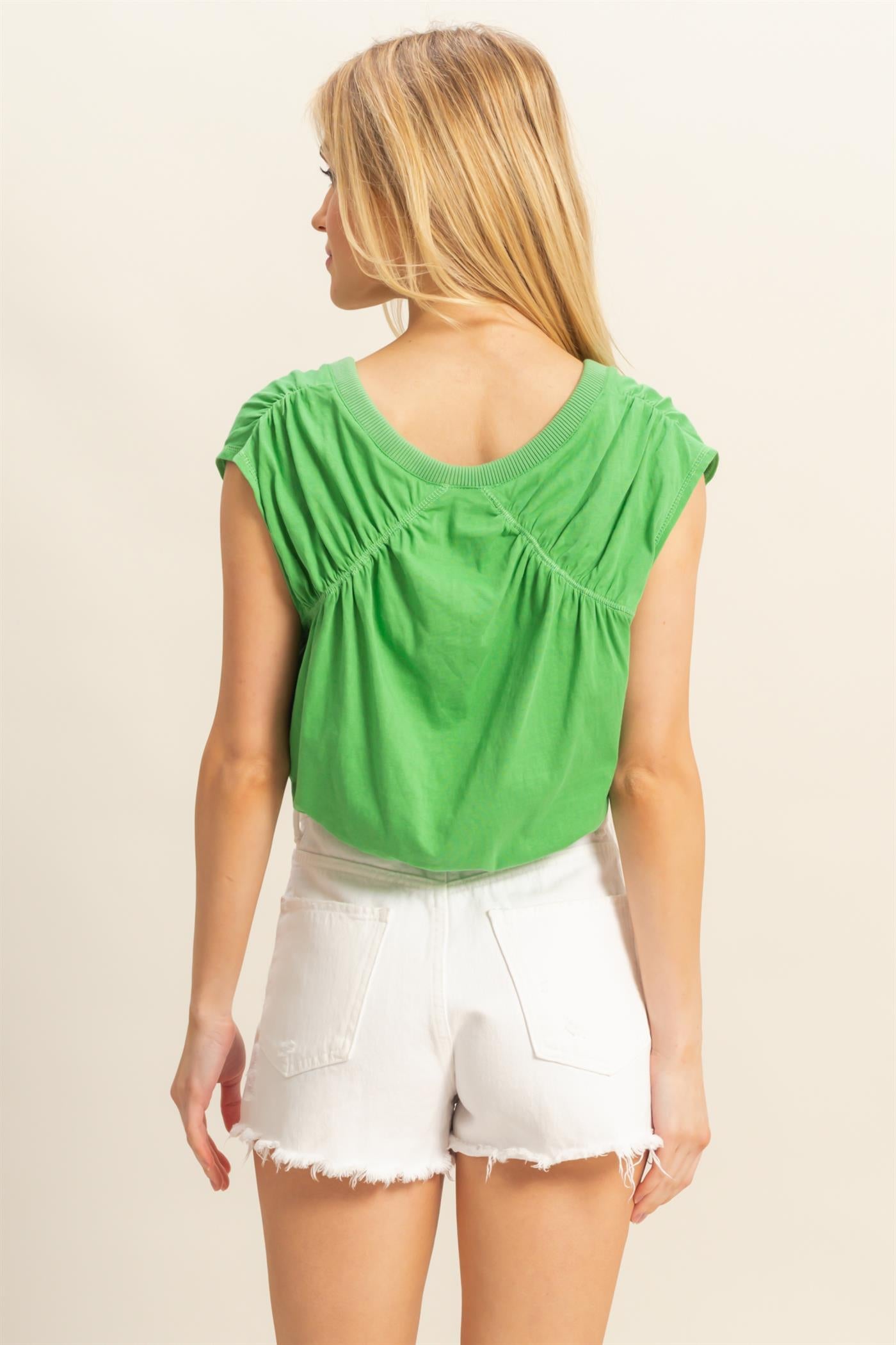 Wholesale Cap Sleeve Drawstring Waist Knit Top Clothing Tops HF25C879 GREEN HYFVE