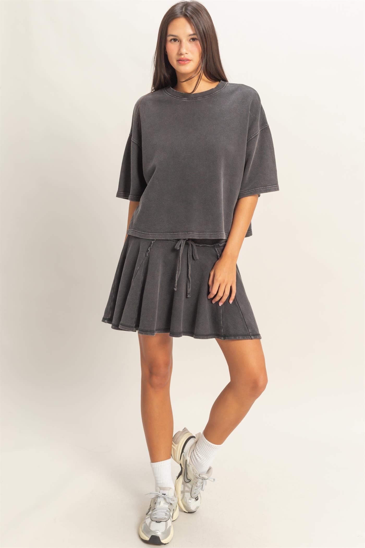 Wholesale Acid Wash Boxy Crew Neck Top T-Shirts DZ26C093 BLACK DOUBLE ZERO