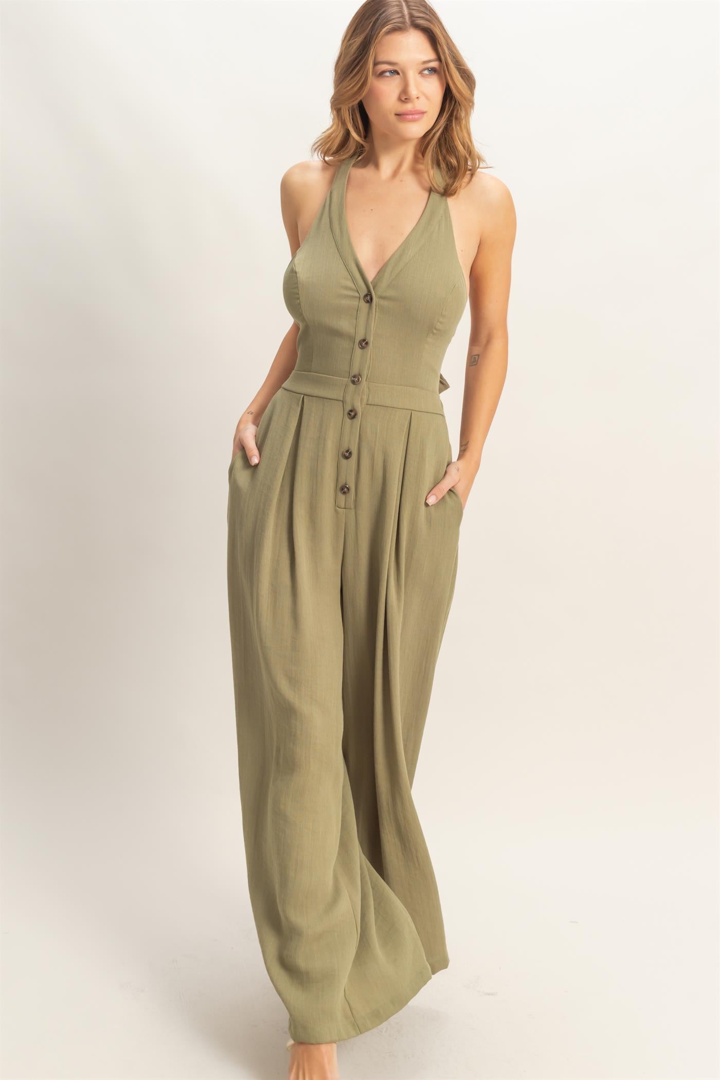 Wholesale Halter Button-Front Jumpsuit Clothing HF26A615-D OLIVE HYFVE