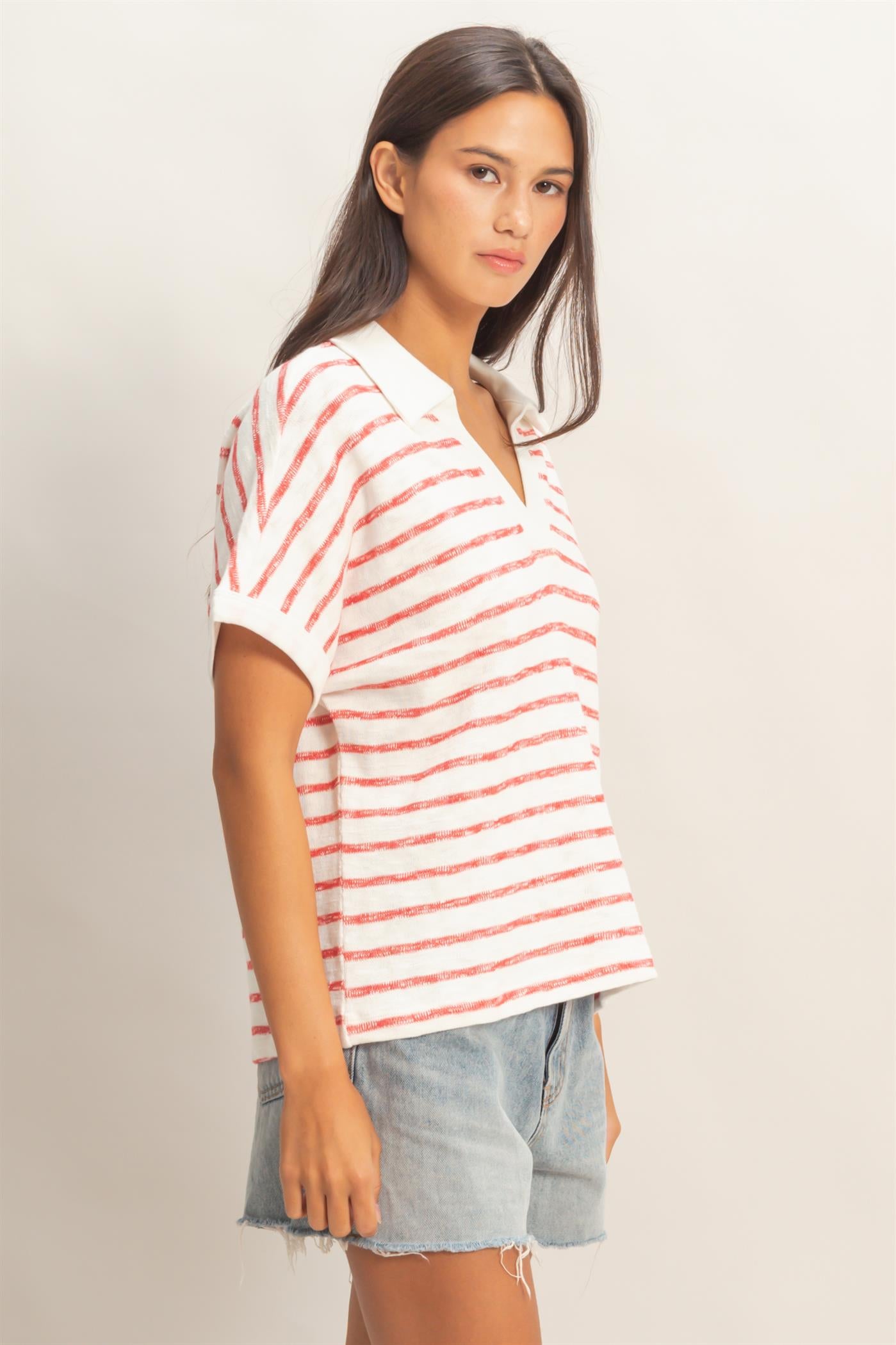 Wholesale Striped Dolman Sleeve V-Neck Collared Top Clothing Tops DZ26A452 RED DOUBLE ZERO