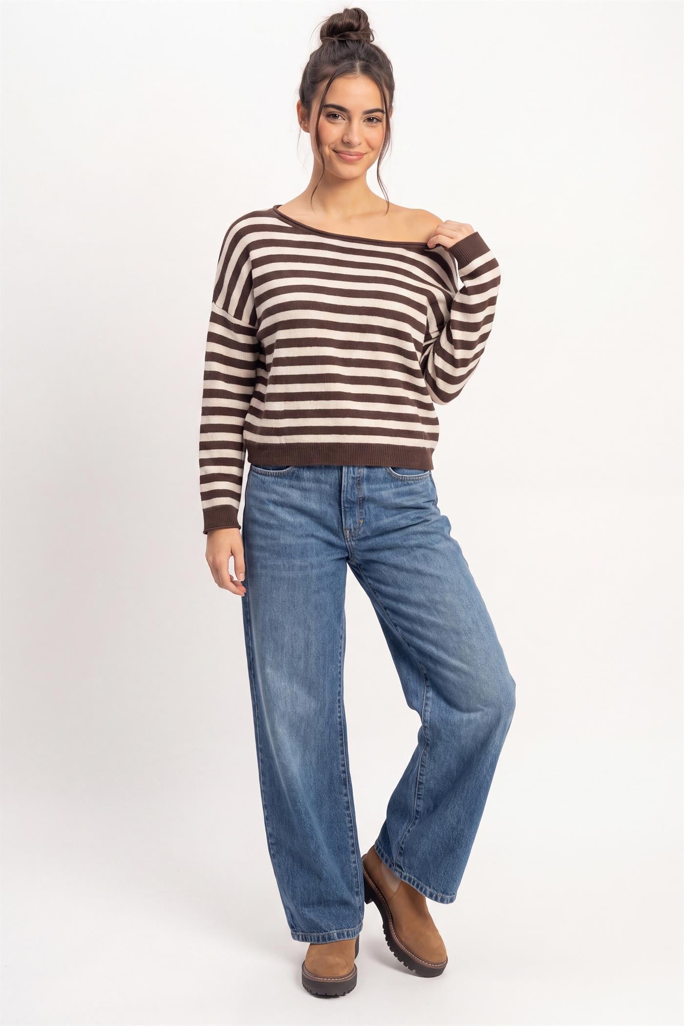 Wholesale Off The Shoulder Striped Sweater Sweaters DZ26E653 DARK BROWN DOUBLE ZERO