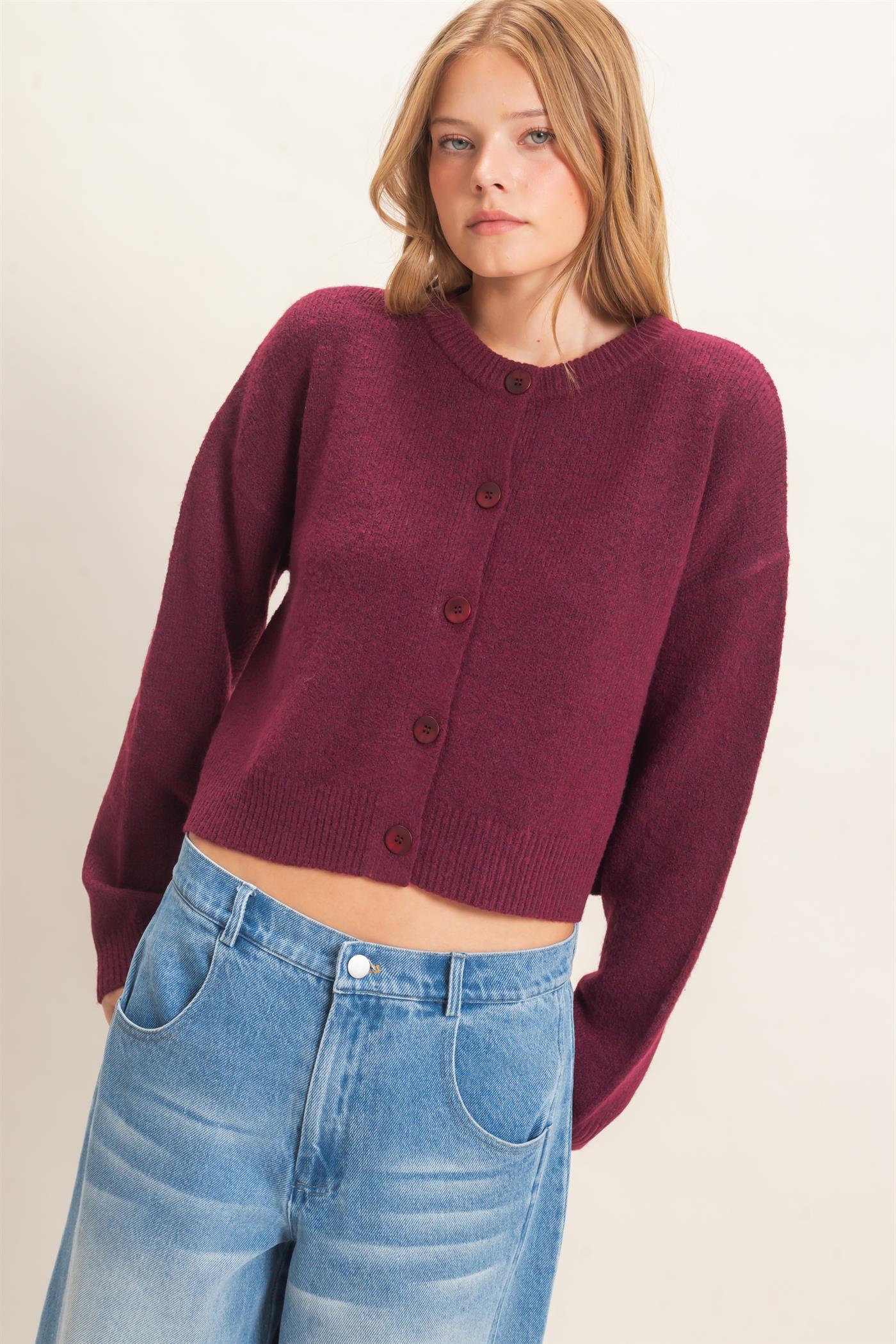 Wholesale Crew Neck Cardigan Sweater Cardigans HF26E226-D BURGUNDY HYFVE