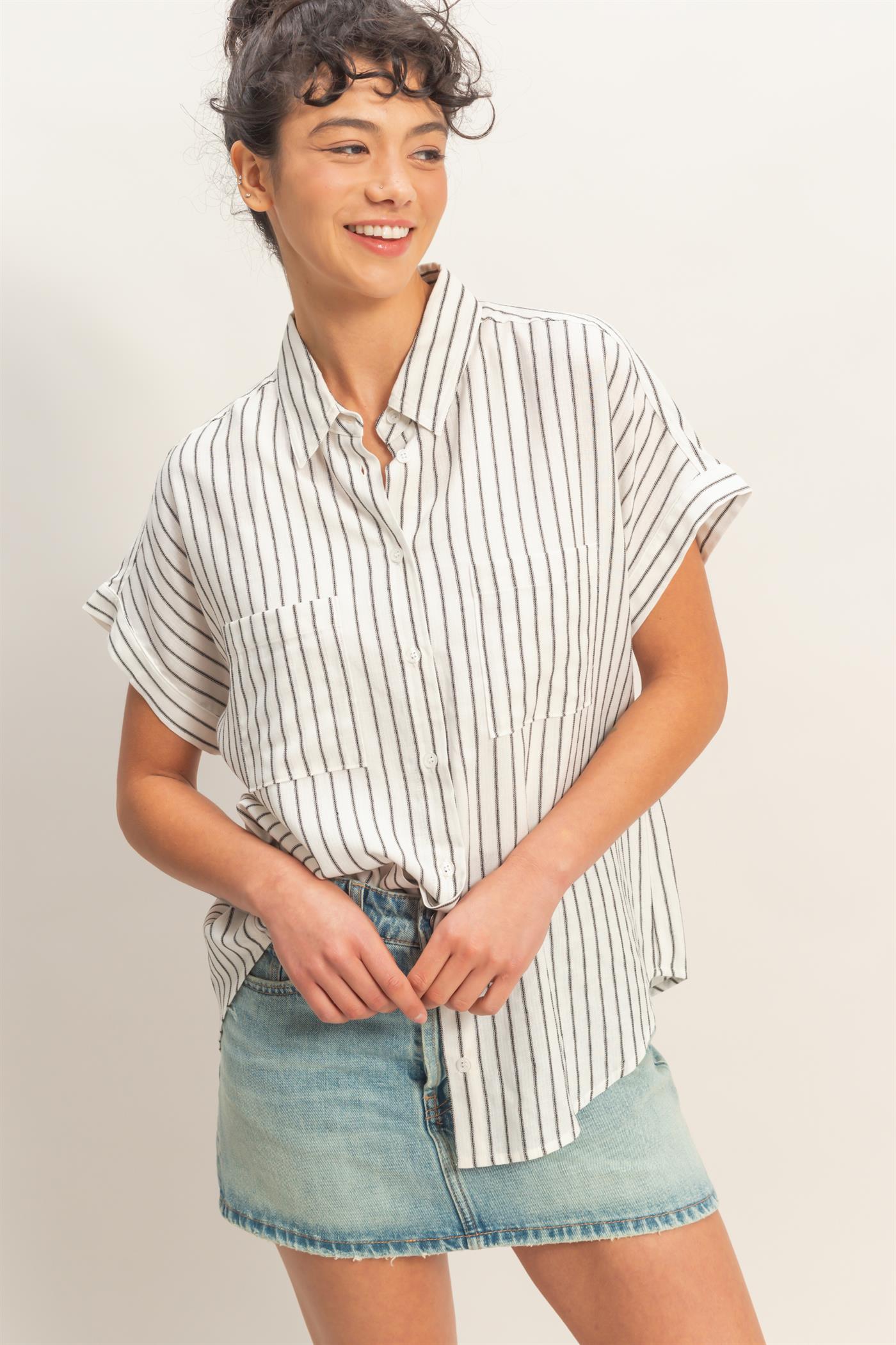 Wholesale Striped Button-Up Dolman Sleeve Shirt Shirts DZ26A207 BLACK DOUBLE ZERO