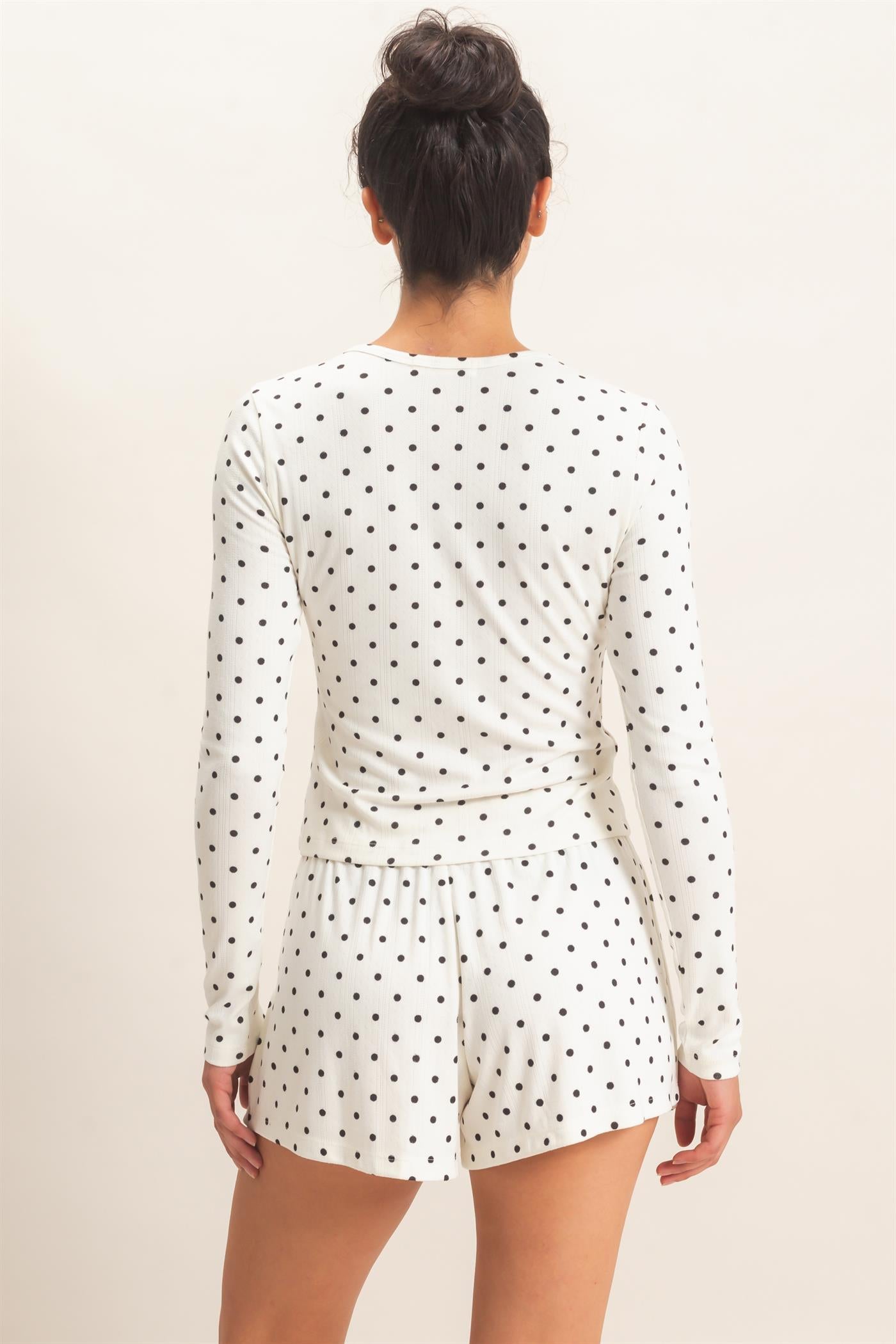 Wholesale Polka Dot Henley Long Sleeve Top & Shorts Set Clothing DZ27A154-SET CREAM DOUBLE ZERO