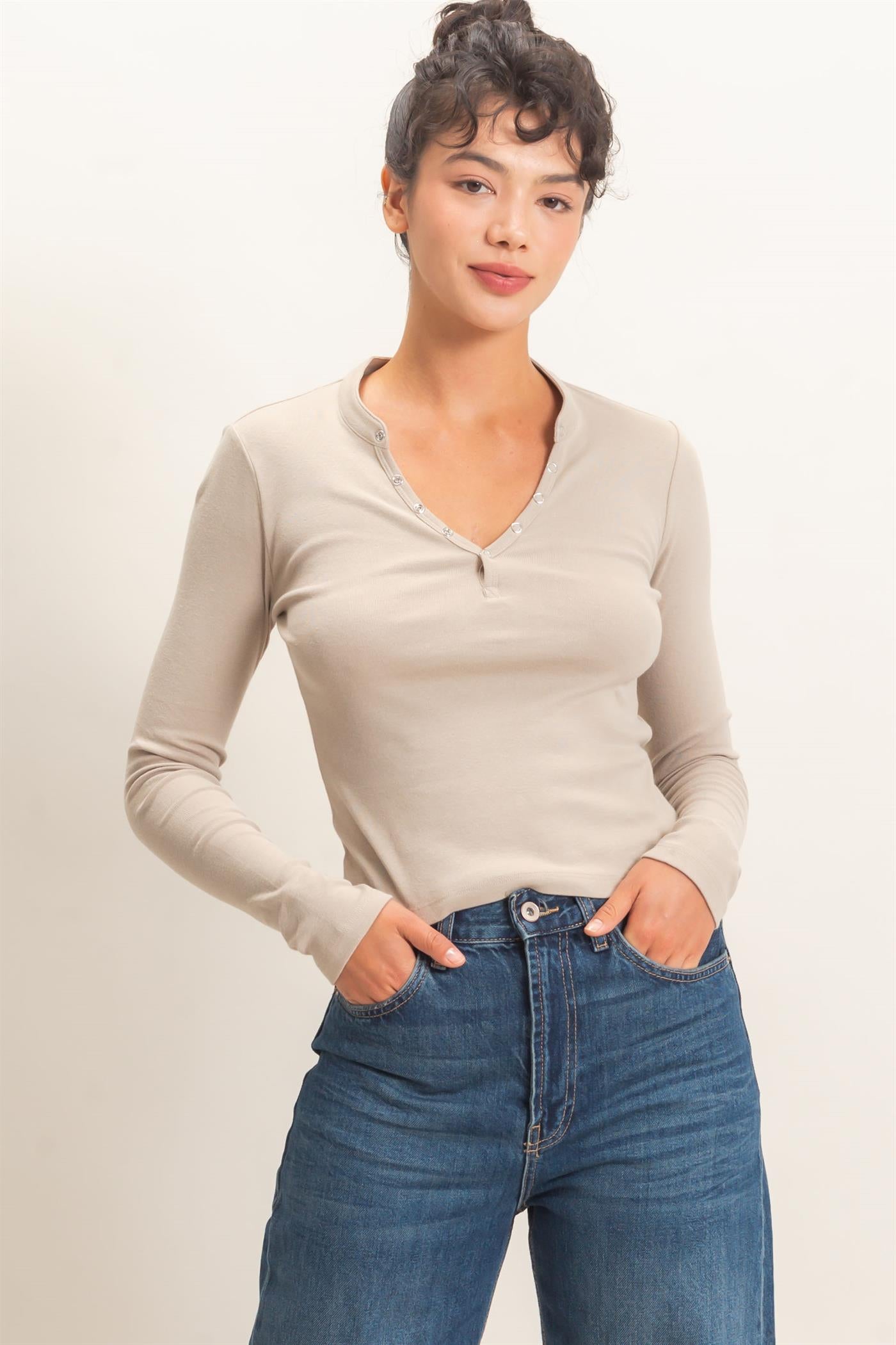 Wholesale Long Sleeve Henley Top Clothing Tops DZ26E865 WARM GRAY DOUBLE ZERO