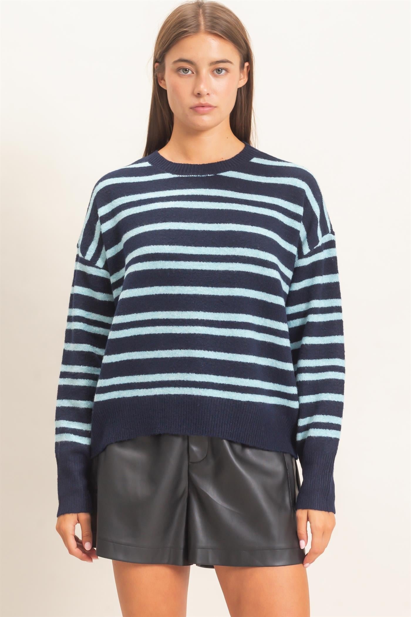 Wholesale Striped Crew Neck Sweater Sweaters DZ26E389 NAVY DOUBLE ZERO